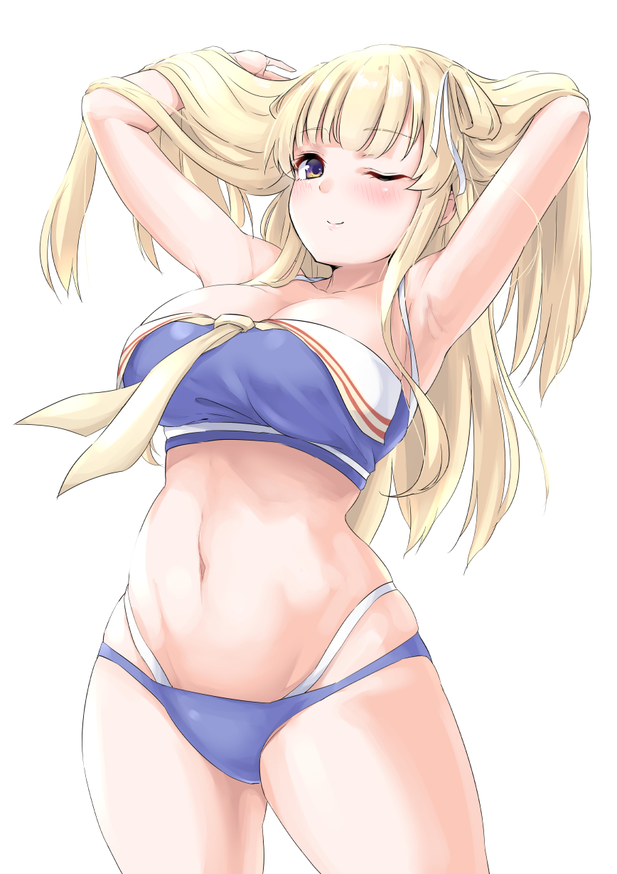 1girl adapted_costume bikini blonde_hair blue_bikini blush breasts closed_mouth collarbone cowboy_shot eyebrows_visible_through_hair fletcher_(kantai_collection) groin hands_in_hair highres kantai_collection large_breasts long_hair navel one_eye_closed simple_background smile solo swimsuit takomeshi white_background yellow_eyes