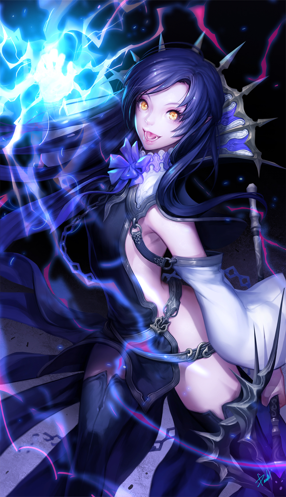 1girl armpit_crease black_background black_legwear broken broken_chain chain danhu detached_sleeves electricity highres holding holding_weapon long_hair lower_teeth mage open_mouth original purple_hair purple_neckwear smile solo standing teeth thigh-highs tongue weapon yellow_eyes