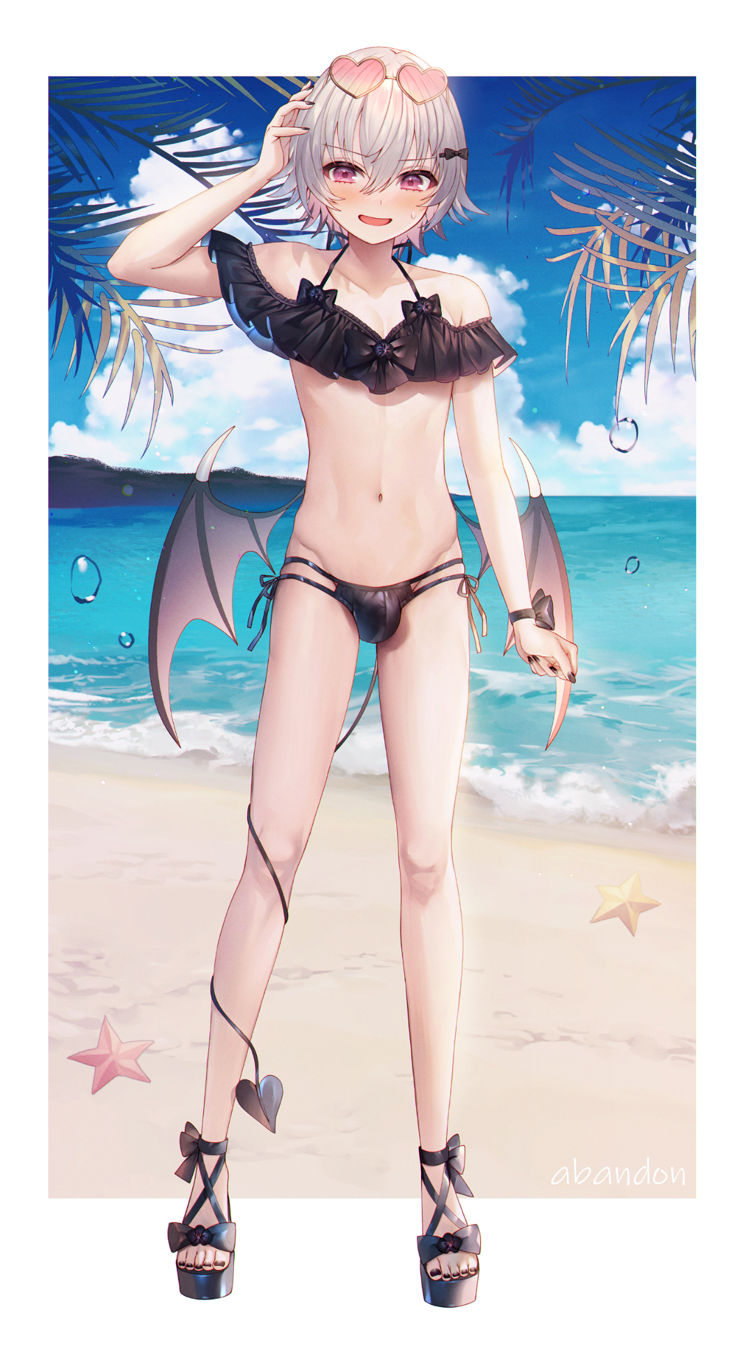 1boy abandon_ranka artist_name bangs beach bikini black_bikini black_nails blush bow bow_bikini bulge clenched_hand collarbone day demon_boy demon_tail demon_wings eyebrows_visible_through_hair eyewear_on_head frilled_bikini frills groin hair_between_eyes hair_bow hand_on_own_head hand_up heart heart-shaped_eyewear high_heels highres hip_bones long_legs looking_at_viewer male_focus mountainous_horizon multi-strapped_bikini navel ocean open_mouth original otoko_no_ko outdoors outside_border palm_leaf short_hair side-tie_bikini solo standing starfish sunglasses sweat swimsuit tail tankini violet_eyes water_drop waves white_hair wings wristband