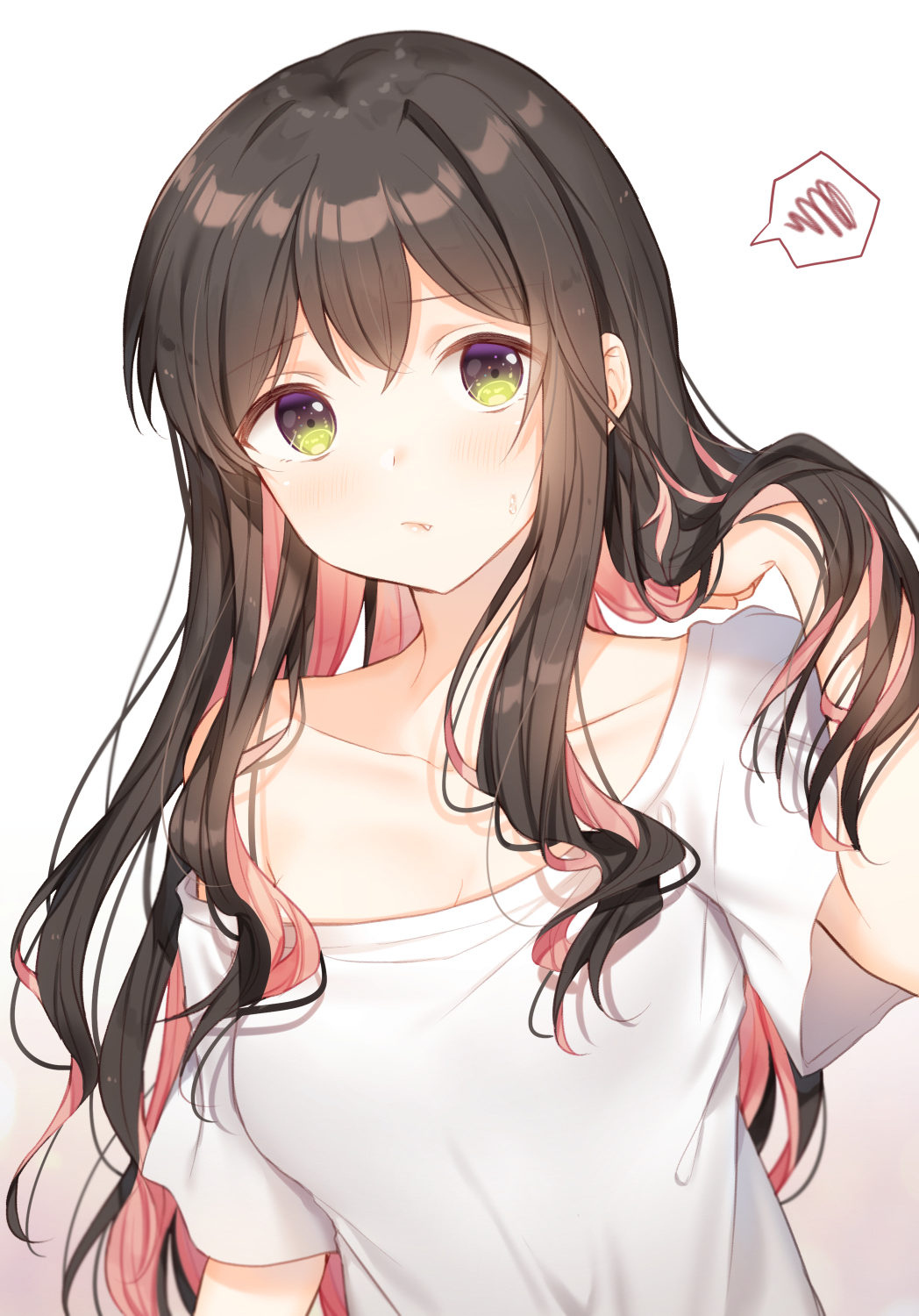 1girl alternate_hairstyle black_hair blush closed_mouth collarbone eyebrows_visible_through_hair fang fang_out gradient gradient_background hair_between_eyes highres hiiragi_souren kantai_collection long_hair multicolored_hair naganami_(kantai_collection) pink_hair shirt short_sleeves solo twitter_username upper_body white_shirt yellow_eyes