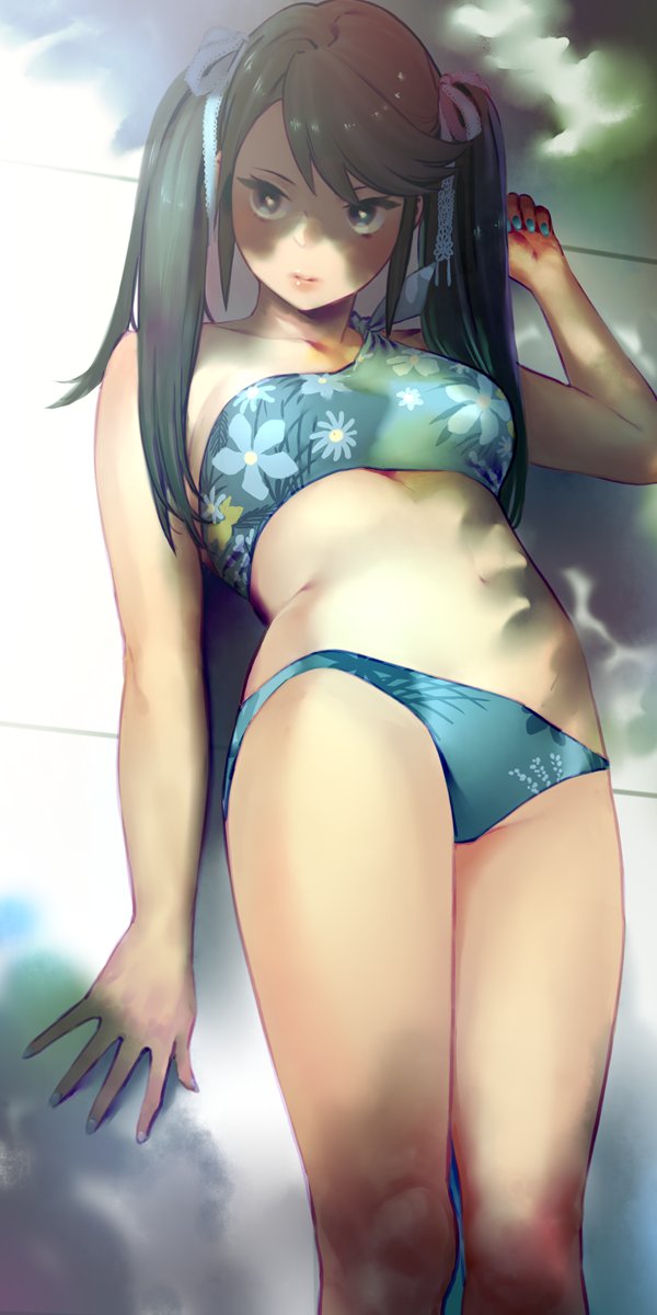 1girl against_wall bikini black_eyes black_hair blue_bikini breasts dappled_sunlight drill_hair feet_out_of_frame floral_print hair_ribbon highres isuzu_(kantai_collection) kantai_collection large_breasts lips long_hair looking_at_viewer ribbon solo standing sunlight swimsuit twin_drills twintails uyama_hajime white_ribbon