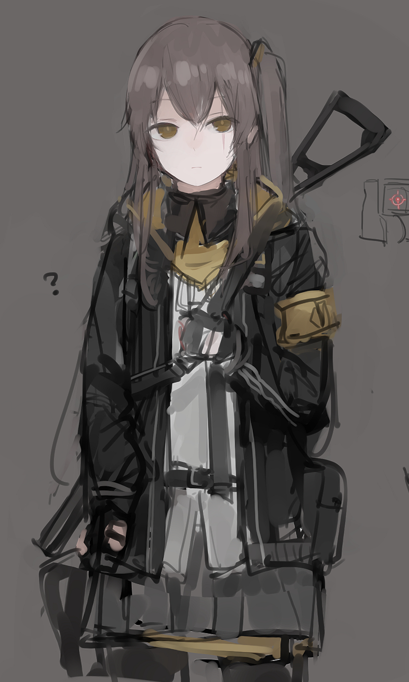 1girl 404_logo_(girls_frontline) ? armband bangs black_jacket black_legwear black_skirt brown_hair closed_mouth cowboy_shot expressionless girls_frontline gloves grey_background gun hair_between_eyes hair_ornament highres jacket long_sleeves looking_at_viewer one_side_up open_clothes open_jacket pantyhose pleated_skirt rampart1028 scar scar_across_eye shirt simple_background skirt solo submachine_gun ump45_(girls_frontline) weapon weapon_on_back white_shirt yellow_eyes