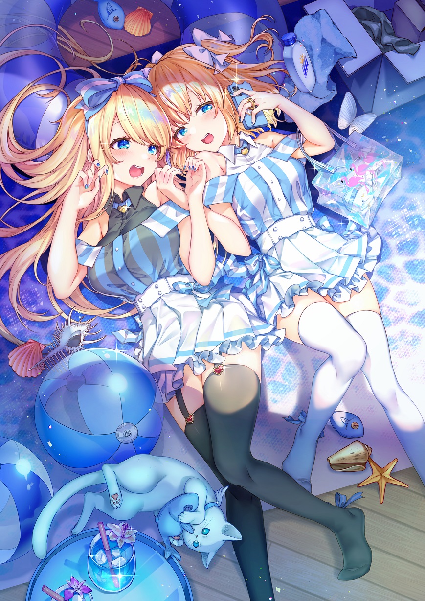 2girls bag ball bangs bare_shoulders beachball black_legwear blonde_hair blue_choker blue_eyes blue_nails blush bow box breasts cardboard_box carton cat choker collared_shirt commentary_request dress drinking_straw emori_el emori_miku_project emu_alice fish foot_out_of_frame frilled_skirt frills from_above garter_straps glass hair_bow hair_ribbon highres holding holding_phone jewelry large_breasts long_hair looking_at_viewer lying medium_breasts multiple_girls nail_polish no_shoes on_back open_mouth phone pleated_skirt ribbon ring shell shirt skirt striped striped_shirt teeth teltelhousi thigh-highs white_bag white_bow white_legwear white_skirt zettai_ryouiki