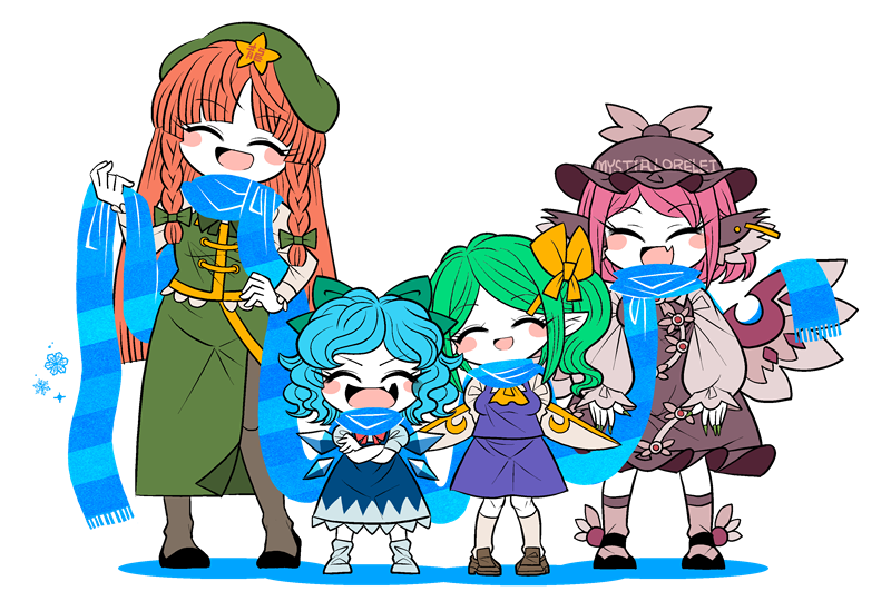 4girls animal_ears beret black_footwear blue_dress blue_hair blue_scarf blush_stickers bow braid brown_dress brown_footwear brown_headwear cirno closed_eyes clothes_writing commentary_request crossed_arms daiyousei detached_wings dress facing_viewer fairy_wings fang feathers fingernails full_body green_bow green_hair green_headwear green_nails green_skirt green_vest grey_legwear hair_bow hand_up hat hong_meiling ice ice_wings jewelry long_fingernails long_hair mob_cap multiple_girls mystia_lorelei open_mouth orange_hair pantyhose pink_hair pointy_ears purple_skirt purple_vest red_neckwear scarf shared_scarf shirt shoes short_hair side_ponytail simple_background single_earring skin_fang skirt smile snowflakes socks star_(symbol) touhou twin_braids vest white_background white_legwear white_shirt wings yellow_bow yellow_neckwear yt_(wai-tei)