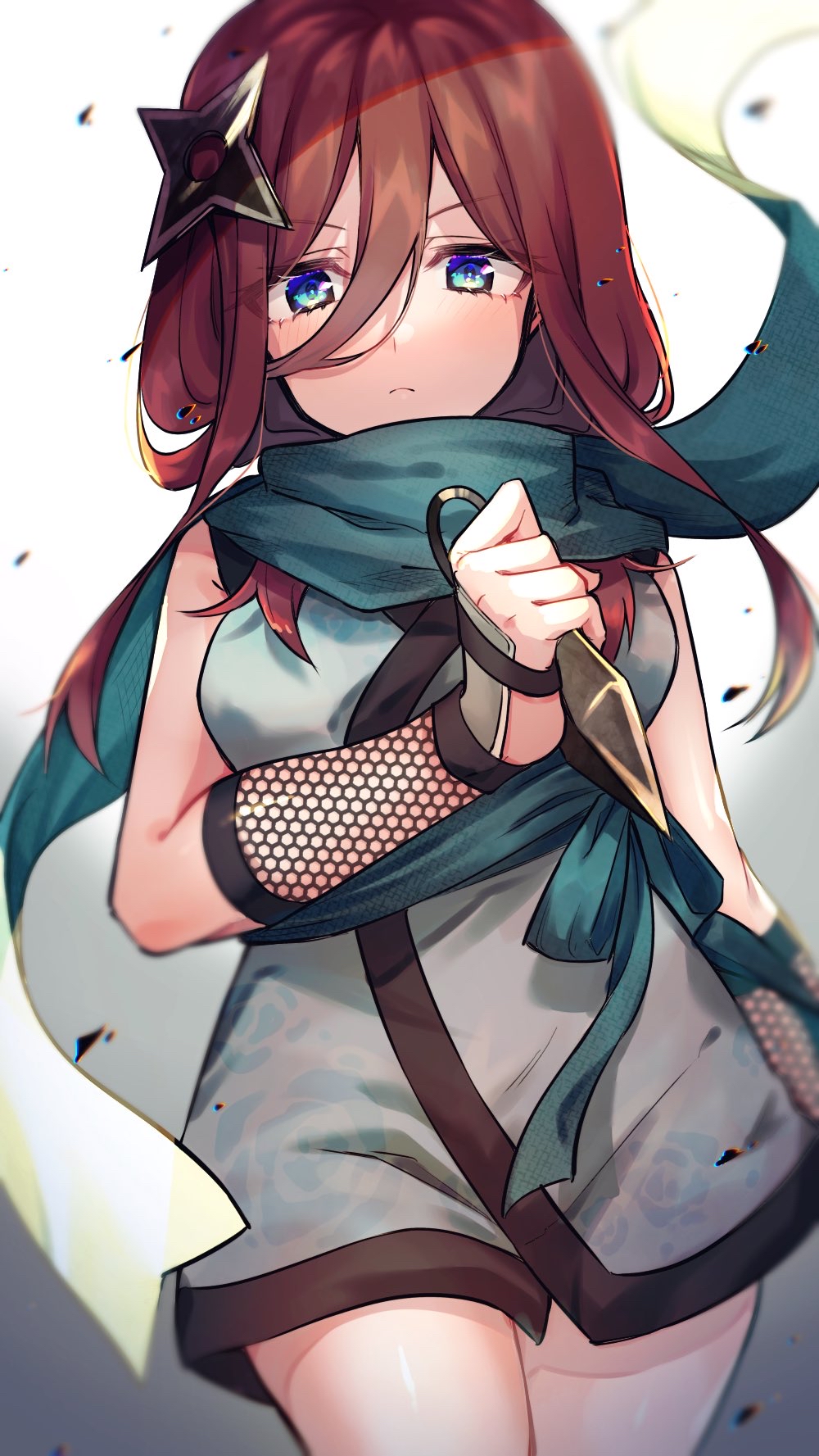 1girl bangs blue_eyes blush breasts brown_hair closed_mouth fishnets frown gloves go-toubun_no_hanayome hair_ornament highres holding holding_weapon hotate_3102 japanese_clothes kimono kunai long_hair looking_at_viewer nakano_miku ninja scarf short_kimono shuriken shuriken_hair_ornament solo weapon