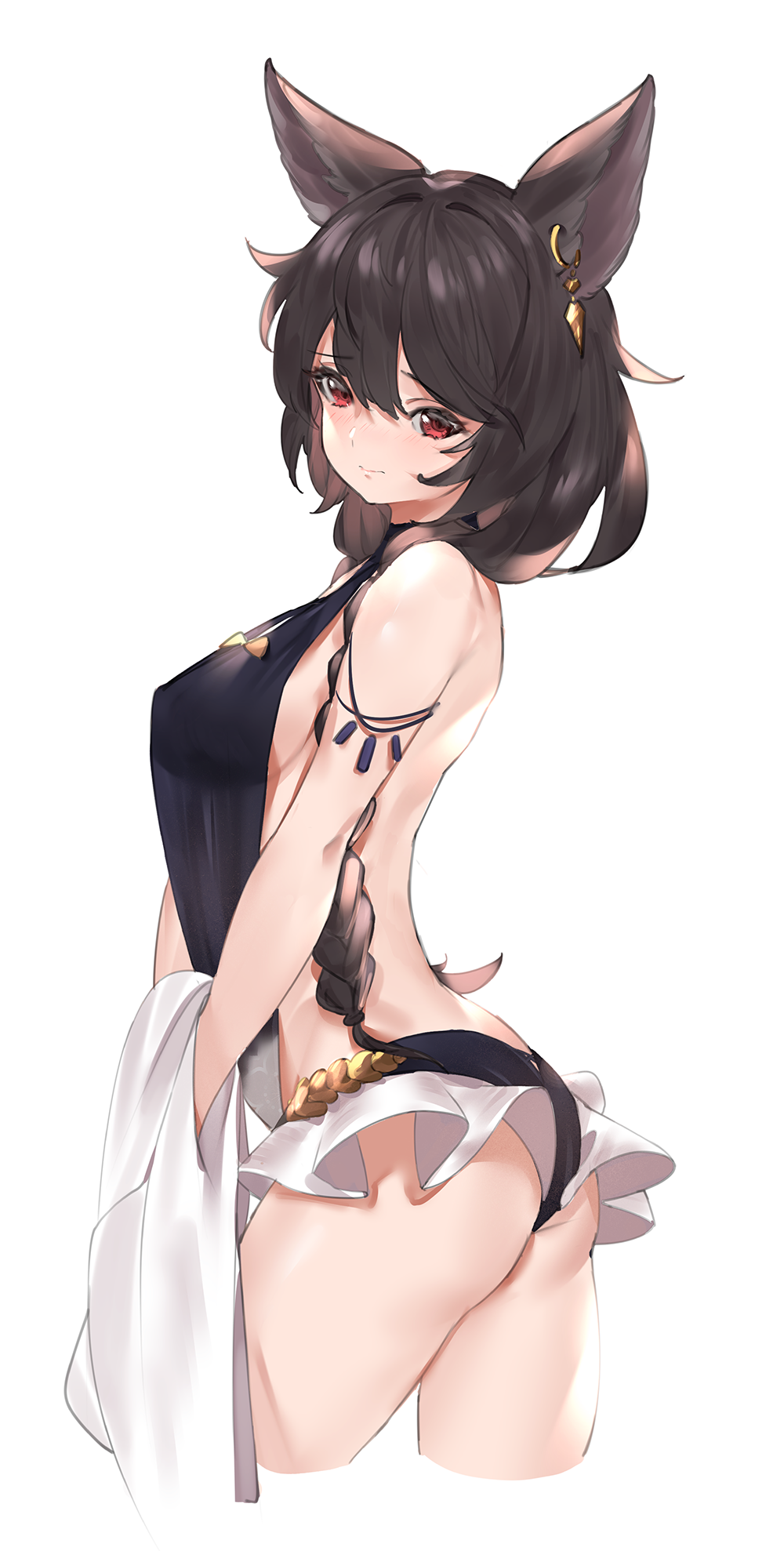 animal_ears bangs bare_shoulders black_hair blush braid closed_eyes earrings eyebrows eyebrows_visible_through_hair granblue_fantasy hair_between_eyes highres jewelry long_hair looking_at_viewer majo_(pastamajo) nier_(granblue_fantasy) red_eyes simple_background swimsuit