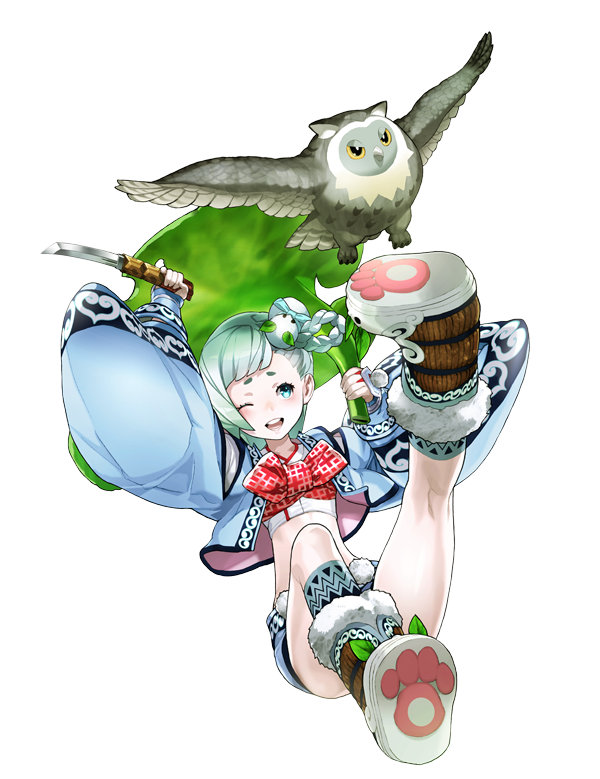 animal aqua_eyes arm_up artist_request bird black_eyes blush boots bow braid copyright_request dagger dual_wielding flying fur-trimmed_boots fur_trim green_hair hair_ornament holding holding_dagger holding_leaf holding_weapon leaf leg_up long_sleeves official_art one_eye_closed owl paw_boots paw_shoes paws red_bow red_neckwear shoes short_eyebrows smile socks teeth tongue transparent_background upper_teeth weapon wide_sleeves