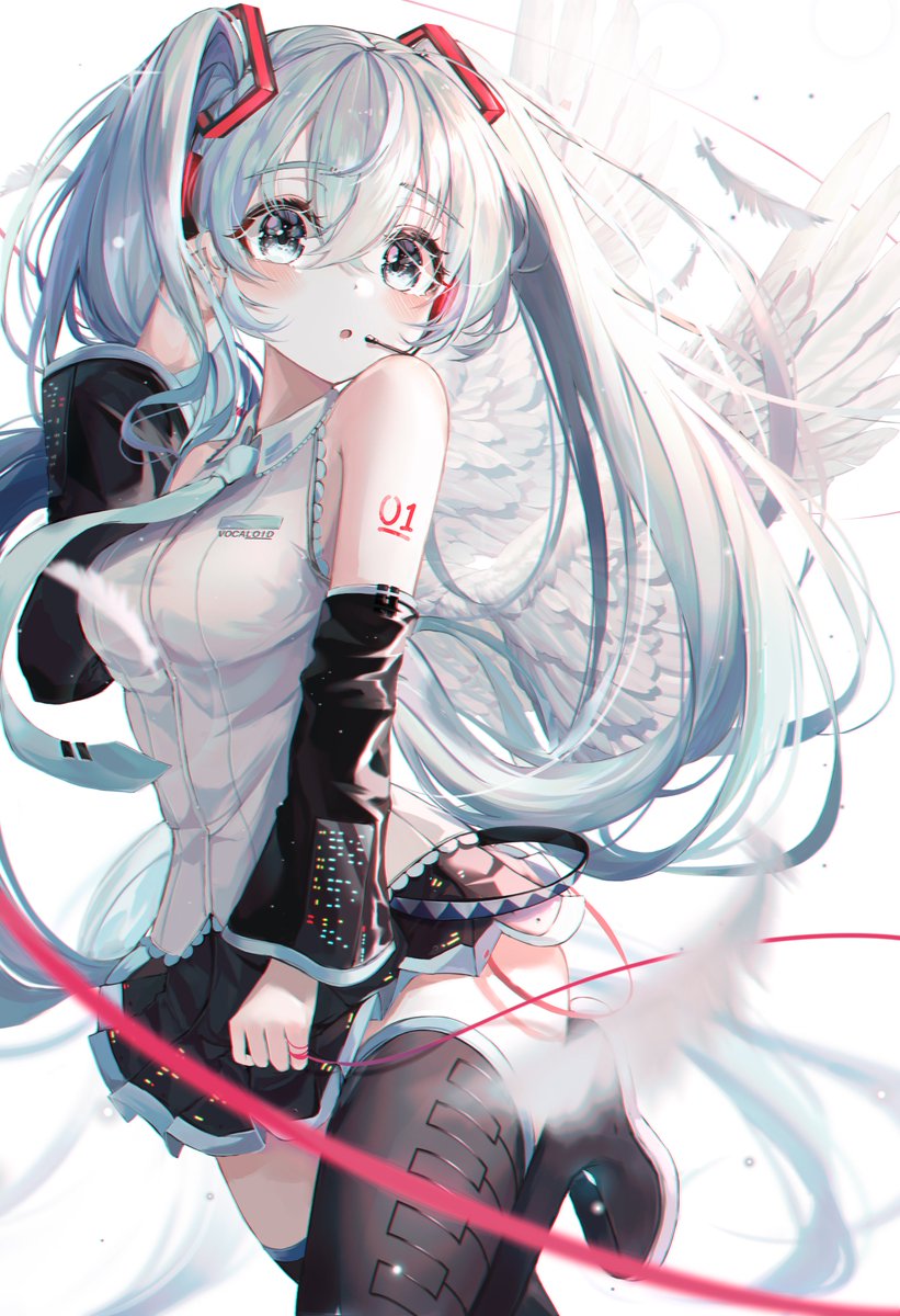 1girl angel_wings aqua_eyes aqua_hair aqua_nails aqua_neckwear bare_shoulders bbeedol belt black_legwear black_skirt black_sleeves blurry_foreground commentary cowboy_shot detached_sleeves feathered_wings feathers hair_ornament hand_in_hair hatsune_miku headphones headset highres leg_up long_hair looking_at_viewer miniskirt nail_polish necktie piano_print pleated_skirt shirt shoulder_tattoo skirt sleeveless sleeveless_shirt solo string string_around_finger string_of_fate tattoo thigh-highs twintails very_long_hair vocaloid white_background white_shirt wings zettai_ryouiki