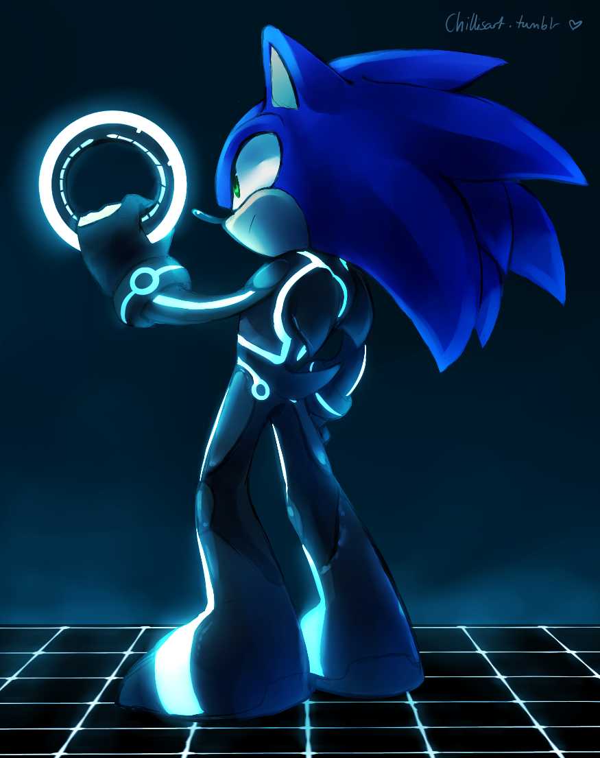 1boy alternate_costume animal_ears artist_name blue_background blue_hair blue_theme bodysuit chakram closed_mouth commentary english_commentary from_behind full_body furry gloves glowing green_eyes hand_up heart holding long_hair male_focus neon_trim sideways_mouth solo sonic sonic_the_hedgehog spacecolonie standing tail tron tumblr_username weapon