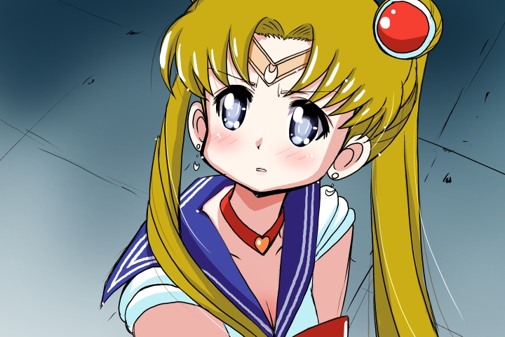 1girl bishoujo_senshi_sailor_moon blonde_hair blue_eyes blue_sailor_collar choker circlet crescent crescent_earrings derivative_work earrings eyebrows_visible_through_hair hair_bun hair_intakes heart heart_choker jewelry long_hair mizushima_(p201112) parted_lips red_choker sailor_collar sailor_moon sailor_moon_redraw_challenge sailor_senshi_uniform shiny shiny_hair shirt sleeveless sleeveless_shirt solo sweatdrop tsukino_usagi twitter_username upper_body very_long_hair white_shirt