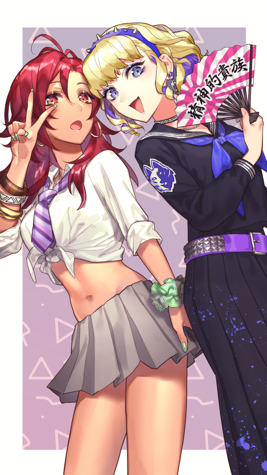 2girls alternate_costume belt blonde_hair blue_eyes constance_von_nuvelle earrings fan fire_emblem fire_emblem:_three_houses hairband hapi_(fire_emblem) holding holding_fan jewelry long_sleeves midriff multicolored_hair multiple_girls nakapipo open_mouth purple_hair red_eyes redhead short_sleeves skirt