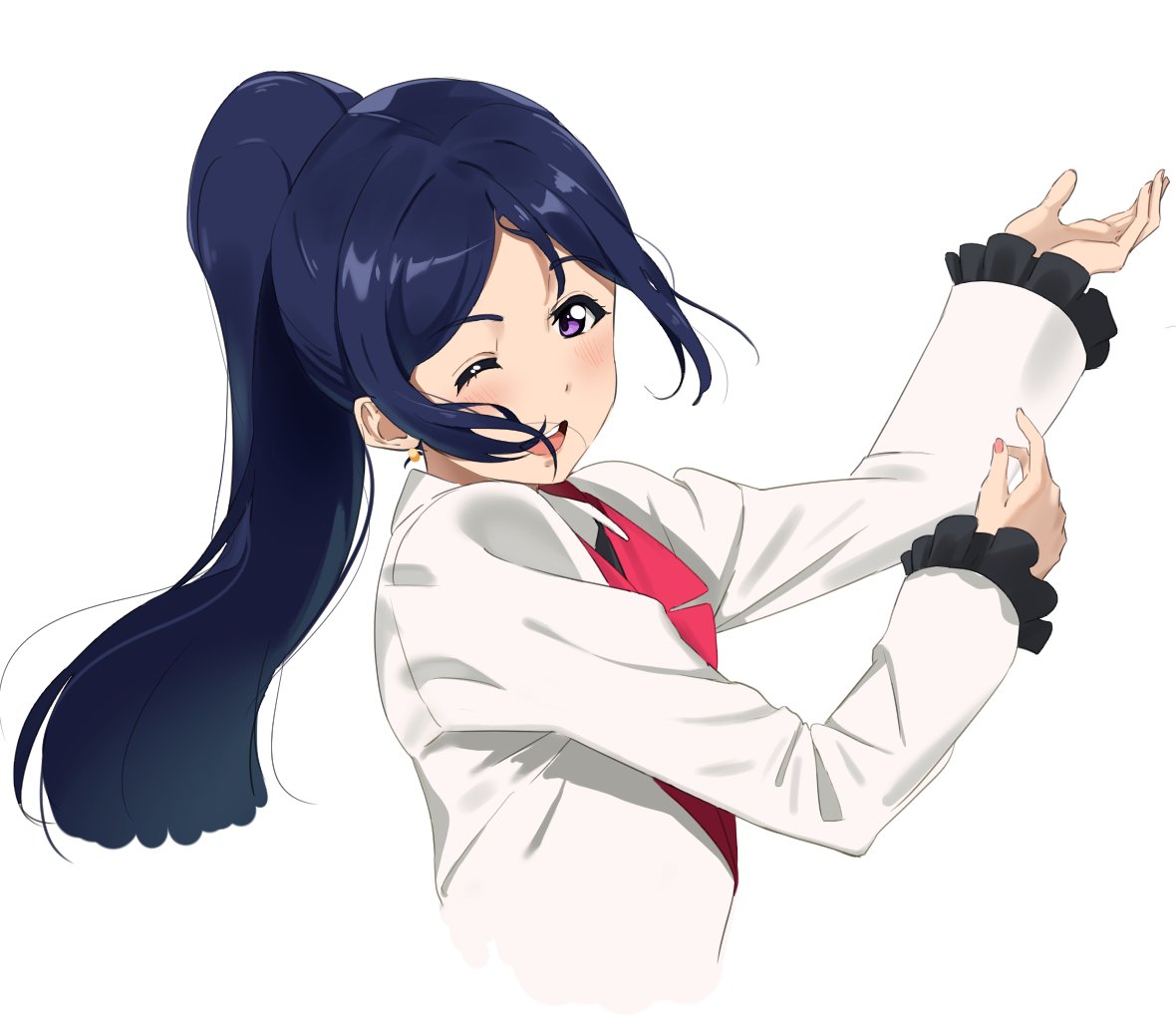 1girl bangs blue_hair blush jacket long_hair long_sleeves love_live! love_live!_sunshine!! matsuura_kanan moshi_0208 one_eye_closed open_mouth ponytail sidelocks simple_background smile solo upper_body violet_eyes white_background white_jacket