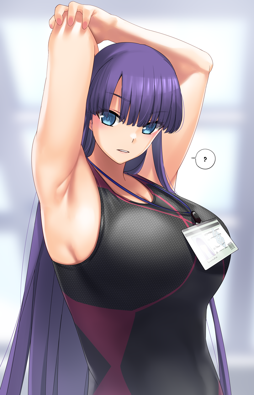 1girl ? armpits arms_behind_head arms_up bare_shoulders black_swimsuit blue_eyes blush breasts fate/grand_order fate_(series) gachou highres id_card lanyard large_breasts long_hair looking_at_viewer one-piece_swimsuit purple_hair saint_martha spoken_question_mark straight_hair swimsuit