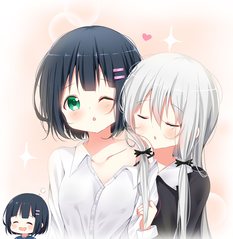 2girls :d ;o ^_^ amano_akari bangs black_bra black_dress black_hair black_ribbon blue_sailor_collar blush bra breasts brown_background chestnut_mouth closed_eyes collarbone collared_dress collared_shirt commentary_request deyui dress dress_shirt drooling eyebrows_visible_through_hair fang gradient gradient_background green_eyes hair_between_eyes hair_ornament hair_ribbon hairclip heart imagining long_hair mouth_drool multiple_girls off_shoulder one_eye_closed open_mouth parted_lips ribbon sailor_collar shirt short_hair silver_hair small_breasts smile sophie_twilight sparkle strap_slip tonari_no_kyuuketsuki-san underwear upper_body white_background white_shirt yuri