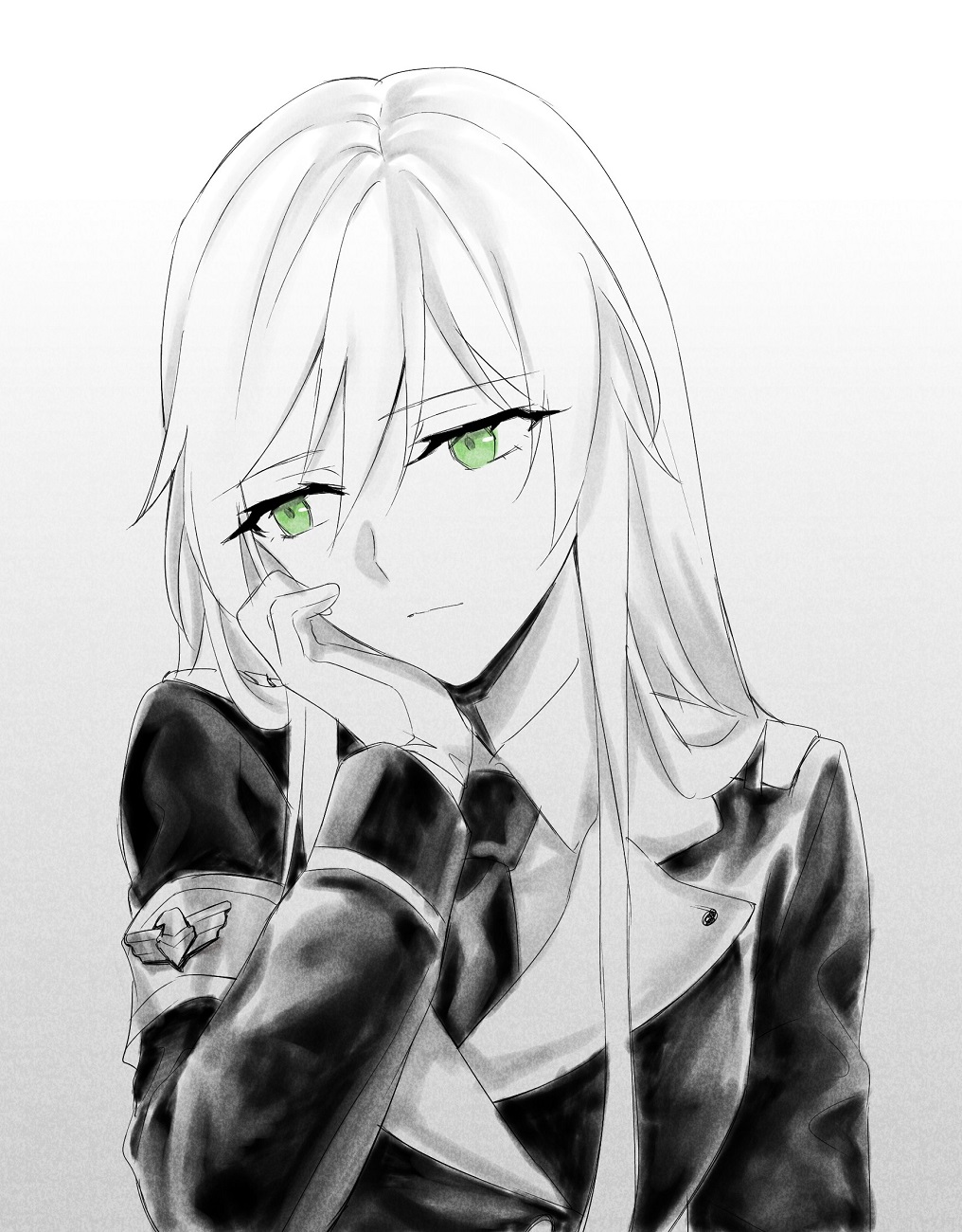 1girl eyebrows_visible_through_hair girls_frontline green_eyes greyscale hair_between_eyes hand_on_head highres jacket long_hair looking_down military military_uniform monochrome necktie sad shirt solo stg44_(girls_frontline) suprii uniform white_background