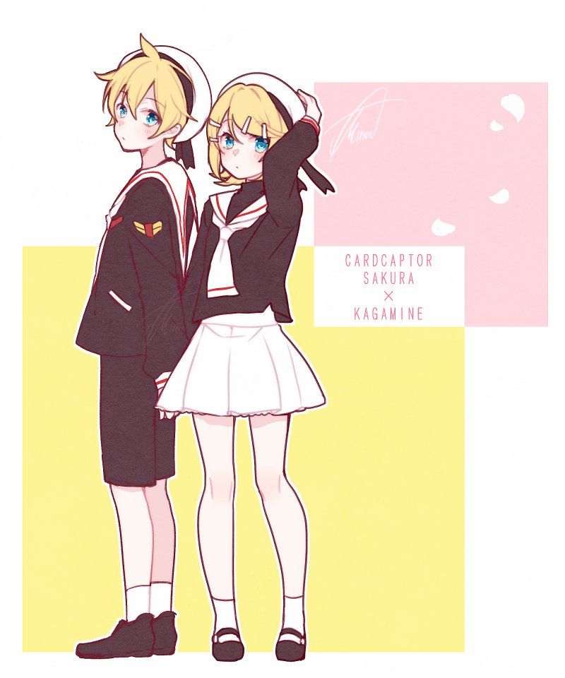 1boy 1girl asagao_minoru bangs beret black_shirt black_shorts blonde_hair blue_eyes cardcaptor_sakura collar commentary cosplay full_body hair_ornament hairclip hand_on_headwear hand_up hat holding_hands kagamine_len kagamine_rin kinomoto_sakura kinomoto_sakura_(cosplay) li_xiaolang li_xiaolang_(cosplay) looking_at_viewer miniskirt pleated_skirt sailor_collar school_uniform serafuku shirt short_hair shorts skirt spiky_hair swept_bangs vocaloid white_collar white_headwear white_skirt