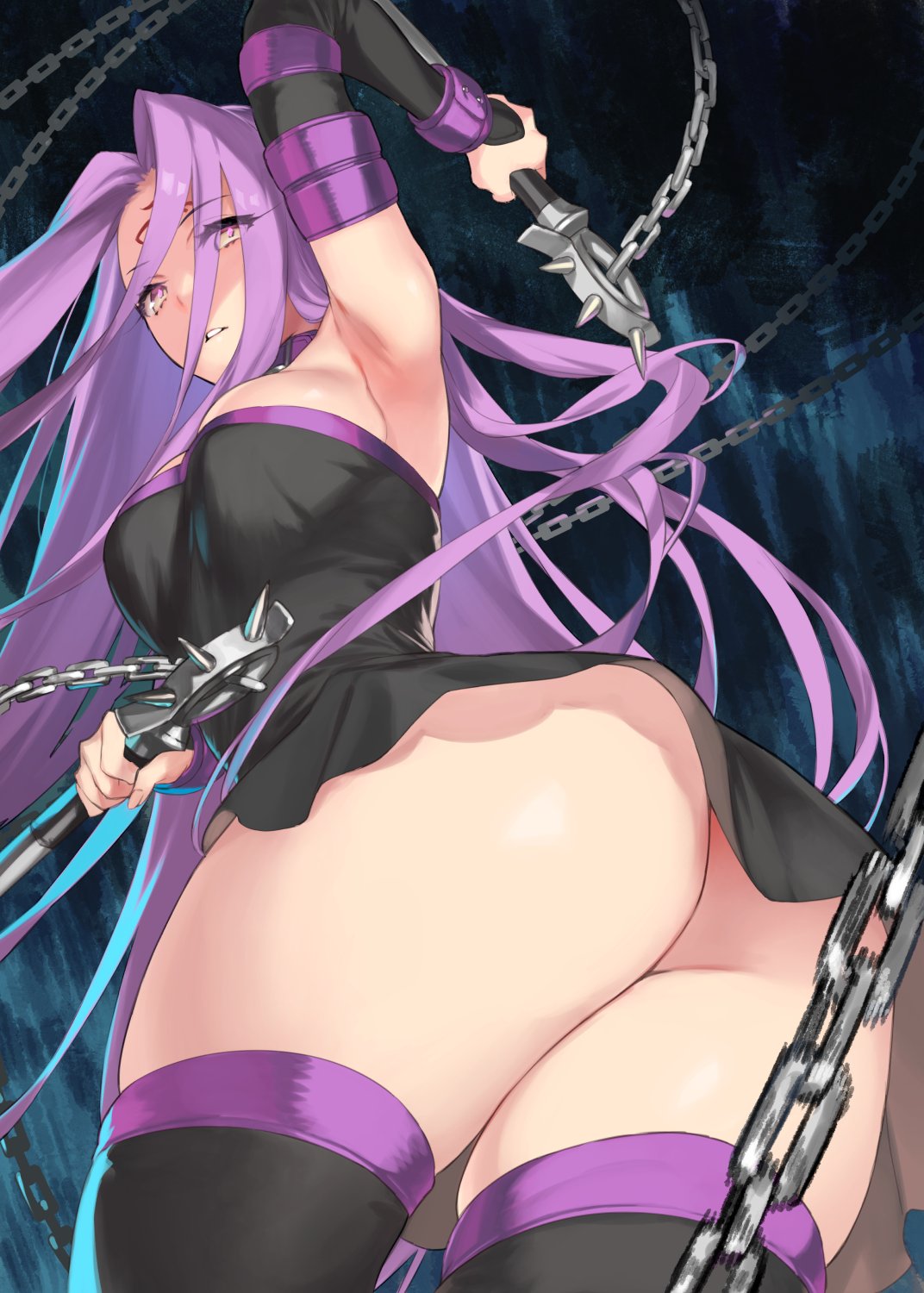 1girl 92m arm_up armpits ass bangs bare_shoulders black_dress black_sleeves blush breasts chain collar dagger detached_sleeves dress facial_mark fate/stay_night fate_(series) forehead forehead_mark highres large_breasts long_hair long_sleeves looking_at_viewer nameless_dagger parted_bangs parted_lips purple_collar purple_hair rider short_dress sidelocks strapless strapless_dress thighs very_long_hair weapon