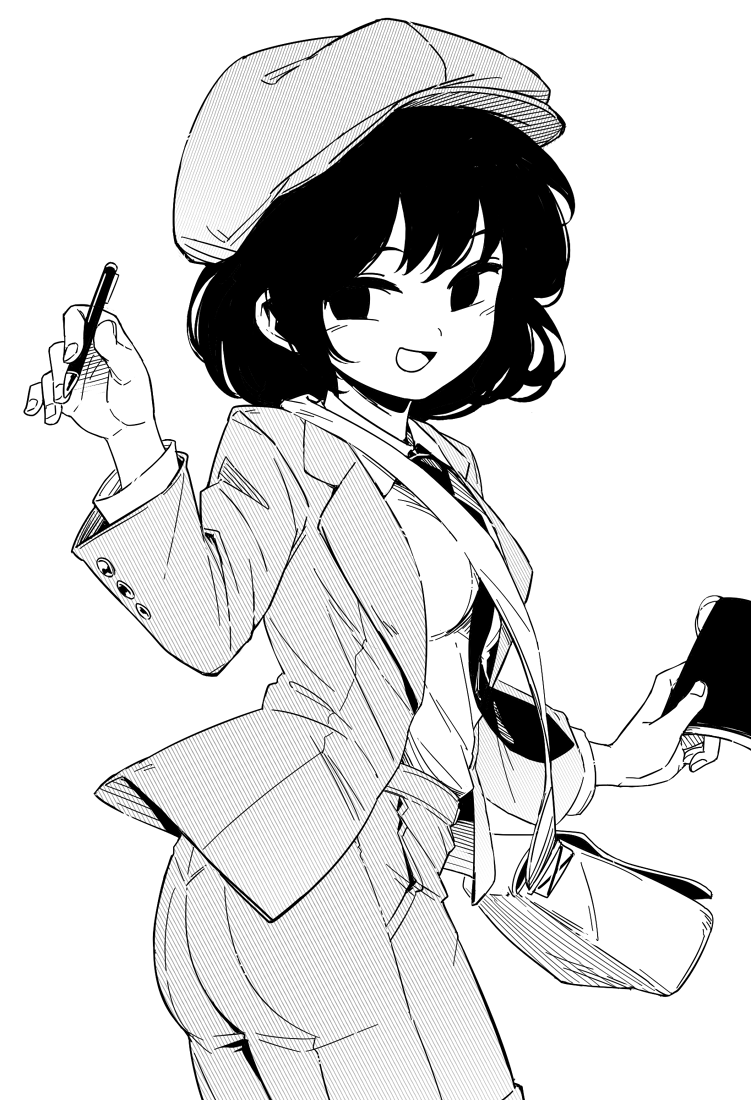 1girl bag black_hair cabbie_hat calligraphy_brush forbidden_scrollery greyscale handbag hat looking_at_viewer maguro_(mawaru_sushi) monochrome necktie notebook paintbrush shameimaru_aya short_hair smile solo suit_jacket touhou