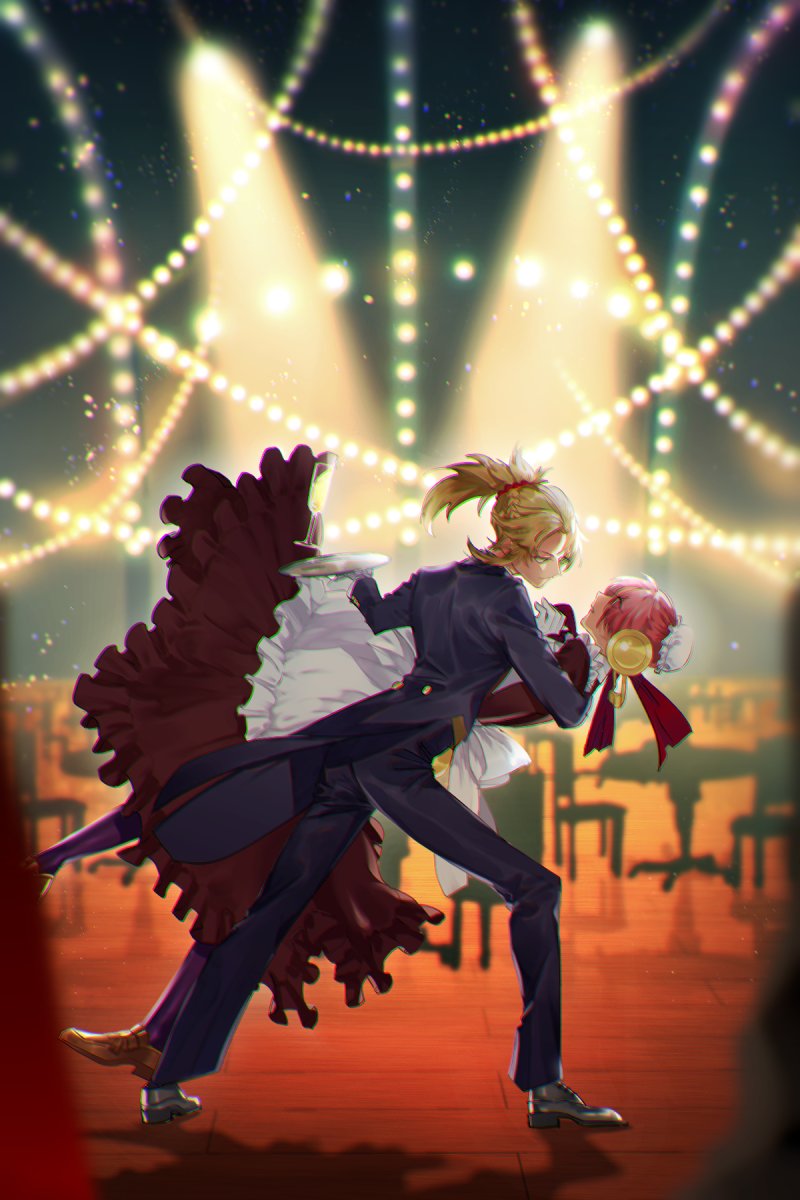 2girls apron black_footwear black_pants black_suit blonde_hair brown_footwear bun_cover chair commentary cup dancing dress drinking_glass eyes_visible_through_hair face-to-face fate/apocrypha fate/grand_order fate_(series) frankenstein's_monster_(fate) frilled_dress frills from_side full_body gloves hair_bun highres holding holding_tray looking_at_another maid_apron maid_dress medium_hair mordred_(fate)_(all) multiple_girls pants pink_hair ponytail profile red_dress scrunchie shoes short_hair spiky_hair stage_lights standing table tai_kusu tray tuxedo white_gloves wine_glass wooden_floor