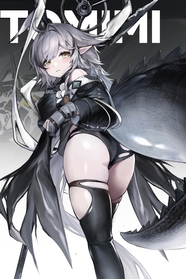 1girl ahoge arknights ass bangs bare_shoulders black_legwear breasts character_name flower from_behind g141 gloves long_hair long_sleeves looking_at_viewer looking_back pointy_ears silver_hair solo tail thigh-highs thighs tomimi_(arknights) torn_clothes torn_legwear yellow_eyes