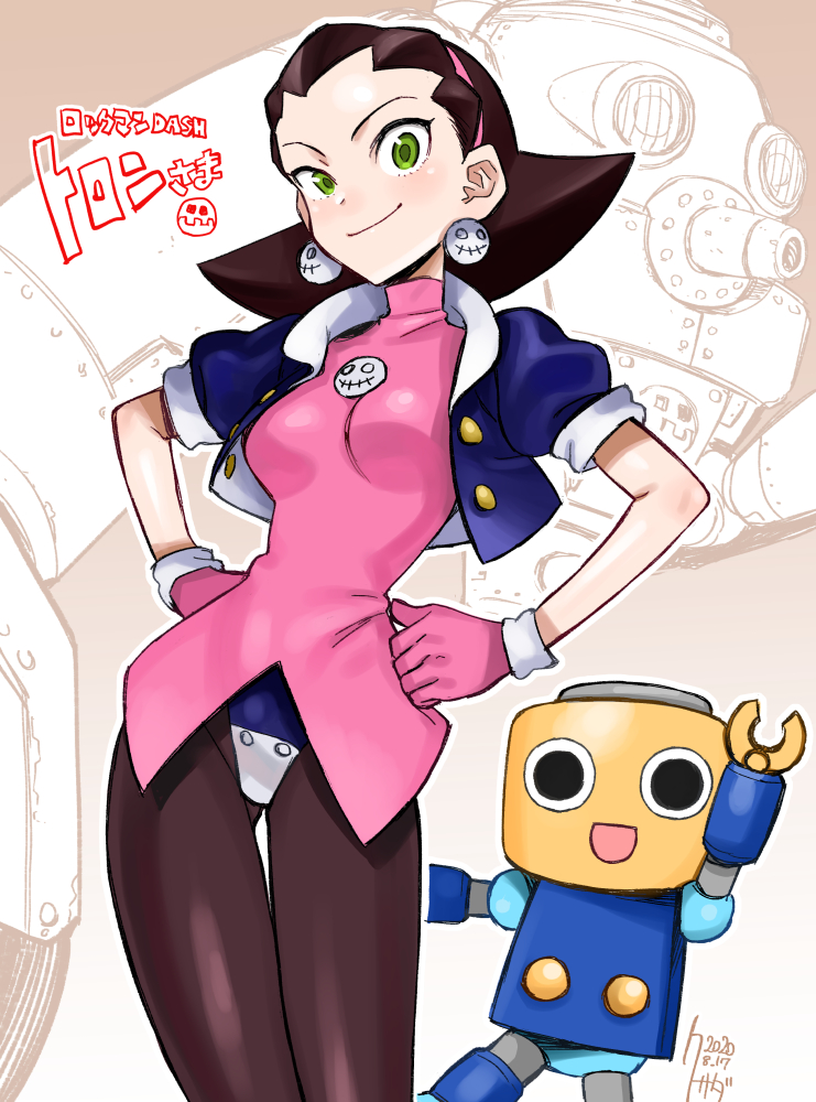 1girl arm_up blush brown_hair closed_mouth dated earrings gloves green_eyes hairband hands_on_hips jewelry kobun kusada open_mouth pink_gloves pink_hairband puffy_sleeves robot rockman rockman_dash short_hair signature smile tron_bonne