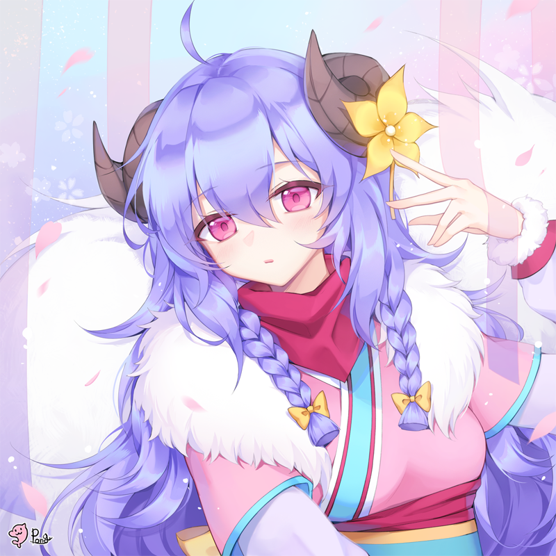 1girl bangs bow braid commentary curled_horns eyebrows_visible_through_hair flower fur_collar hair_between_eyes hair_bow hand_up horns japanese_clothes kimono lamb_(league_of_legends) league_of_legends long_hair long_sleeves looking_at_viewer obi parted_lips petals pink_eyes pink_kimono pong_(vndn124) puffy_long_sleeves puffy_sleeves purple_hair sash spirit_blossom_kindred twin_braids upper_body yellow_bow yellow_flower
