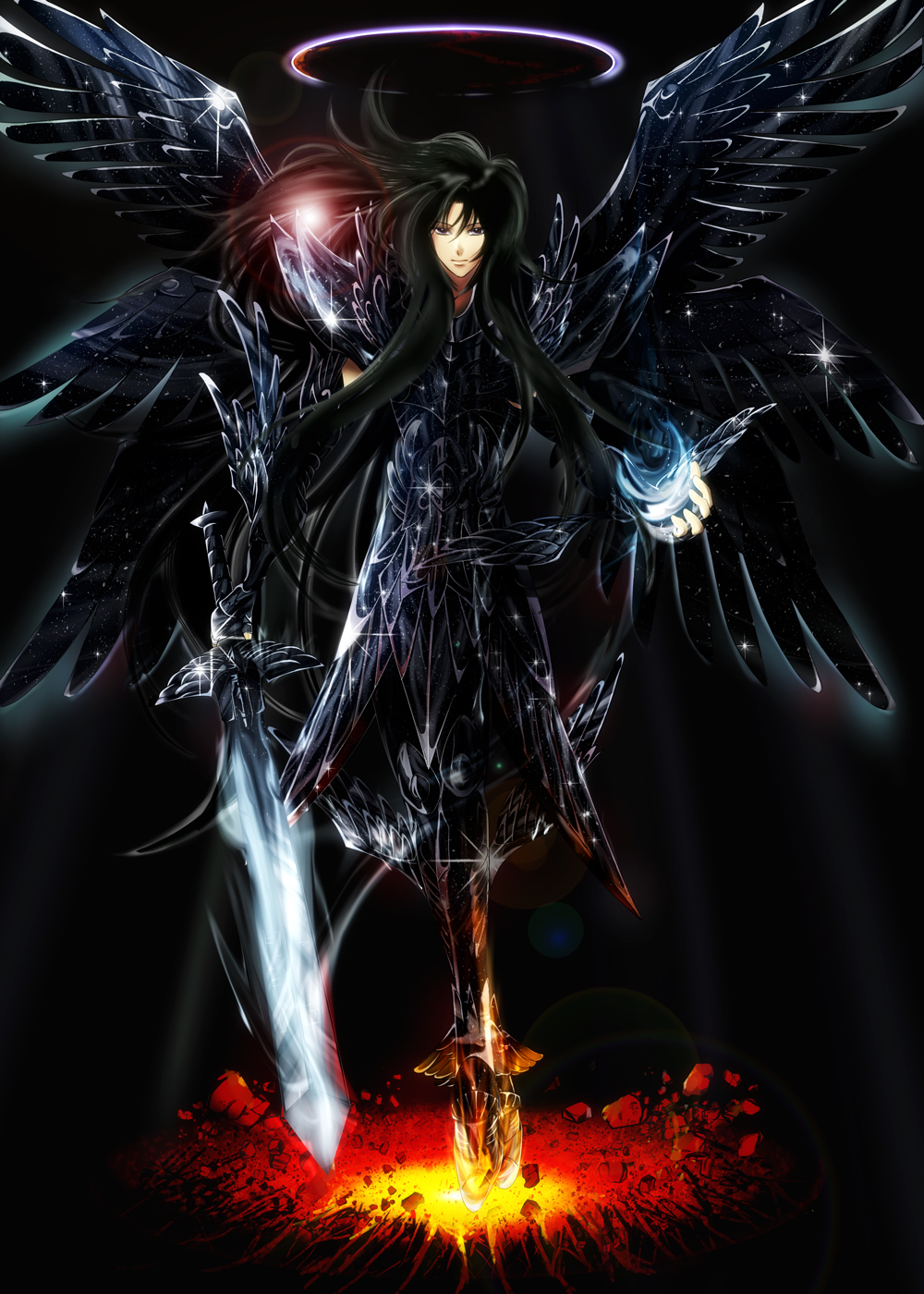 1boy black_armor black_hair hades_(saint_seiya) male pixiv_username saint_seiya sword user5462654 wings