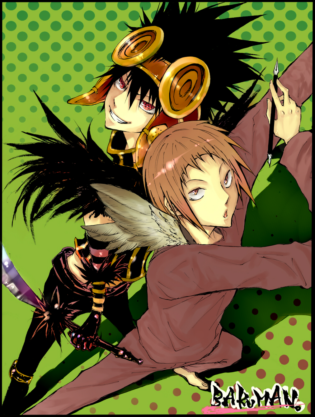 2boys back-to-back bakuman barefoot black_gloves black_hair brown_eyes brown_hair brown_headwear copyright_name crow_(bakuman) feather-trimmed_gloves feather_trim feathers fingernails fleur-de-lis gloves hair_between_eyes headgear highres holding holding_pen holding_sword holding_weapon male_focus multiple_boys niizuma_eiji parted_lips patterned patterned_background pen pose red_eyes smile spiky_hair standing striped sword teeth weapon