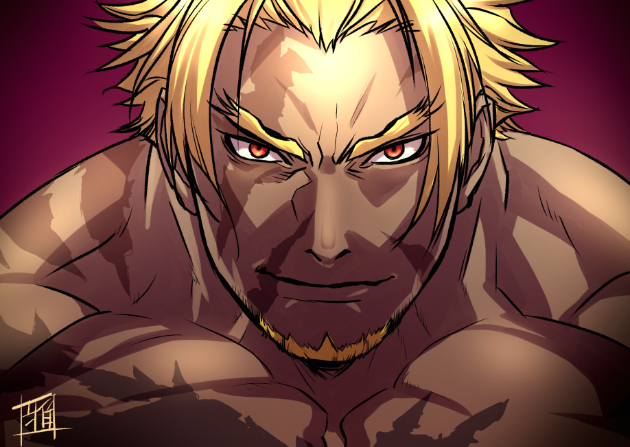 1boy arabagi bangs bara beard beowulf_(fate/grand_order) blonde_hair chest close-up face facial_hair fate/grand_order fate_(series) goatee male_focus manly muscle pectorals red_eyes scar shirtless solo upper_body