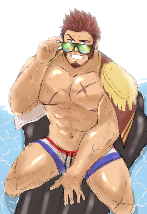 1boy abs bara beard blue_eyes brown_hair chest facial_hair fate/grand_order fate_(series) glasses hand_on_eyewear huge_weapon looking_at_viewer male_focus muscle napoleon_bonaparte_(fate/grand_order) nipples pectorals raised_eyebrows scar shigetashigezo shorts simple_background smile solo swimwear teeth thighs water_drop weapon