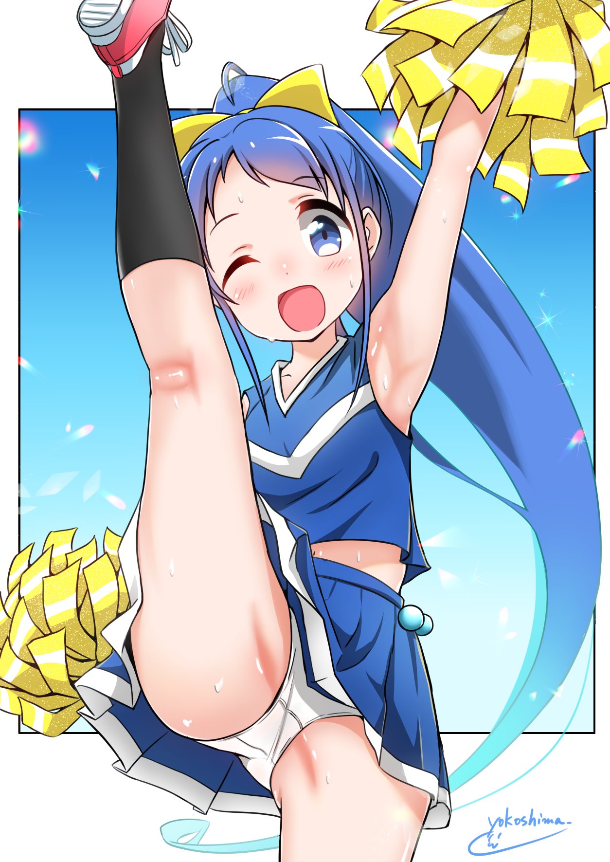 1girl arm_up armpits black_legwear blue_background blue_eyes blue_hair blue_skirt blush cheerleader commentary_request eyebrows_visible_through_hair flying_kick gradient gradient_background hair_between_eyes highres kantai_collection kicking leg_up long_hair looking_at_viewer multicolored multicolored_background one_eye_closed open_mouth panties pantyshot pleated_skirt pom_poms samidare_(kantai_collection) shirt skirt sleeveless sleeveless_shirt smile socks solo underwear very_long_hair white_panties white_shirt yokoshima_(euphoria)