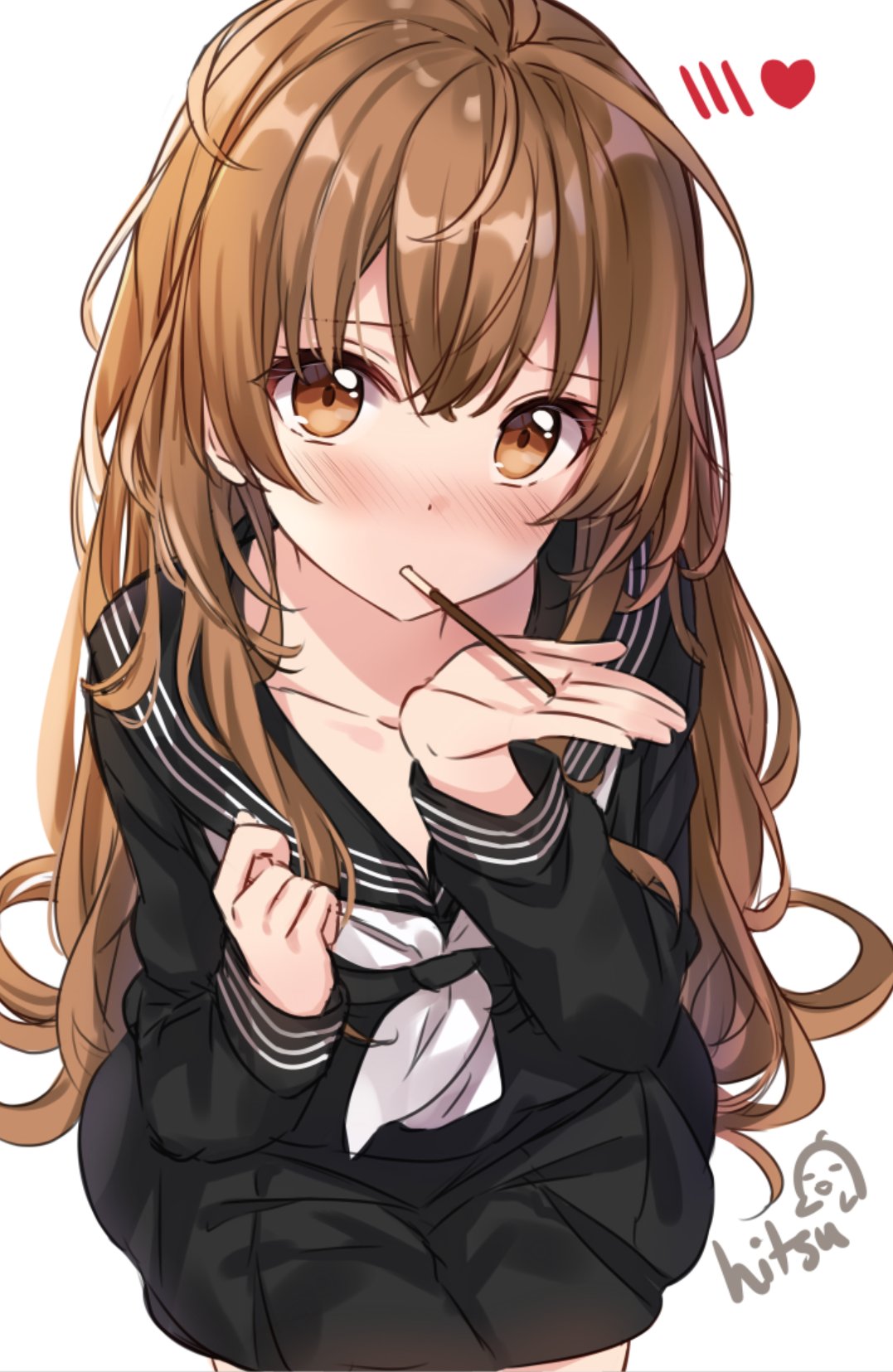 1girl aisaka_taiga bangs black_sailor_collar black_serafuku black_shirt black_skirt blush brown_eyes brown_hair commentary english_commentary eyebrows_visible_through_hair food food_in_mouth hair_between_eyes hands_up heart highres hitsukuya long_hair long_sleeves looking_at_viewer neckerchief nose_blush pleated_skirt pocky sailor_collar school_uniform serafuku shirt signature simple_background skirt solo toradora! very_long_hair white_background white_neckwear