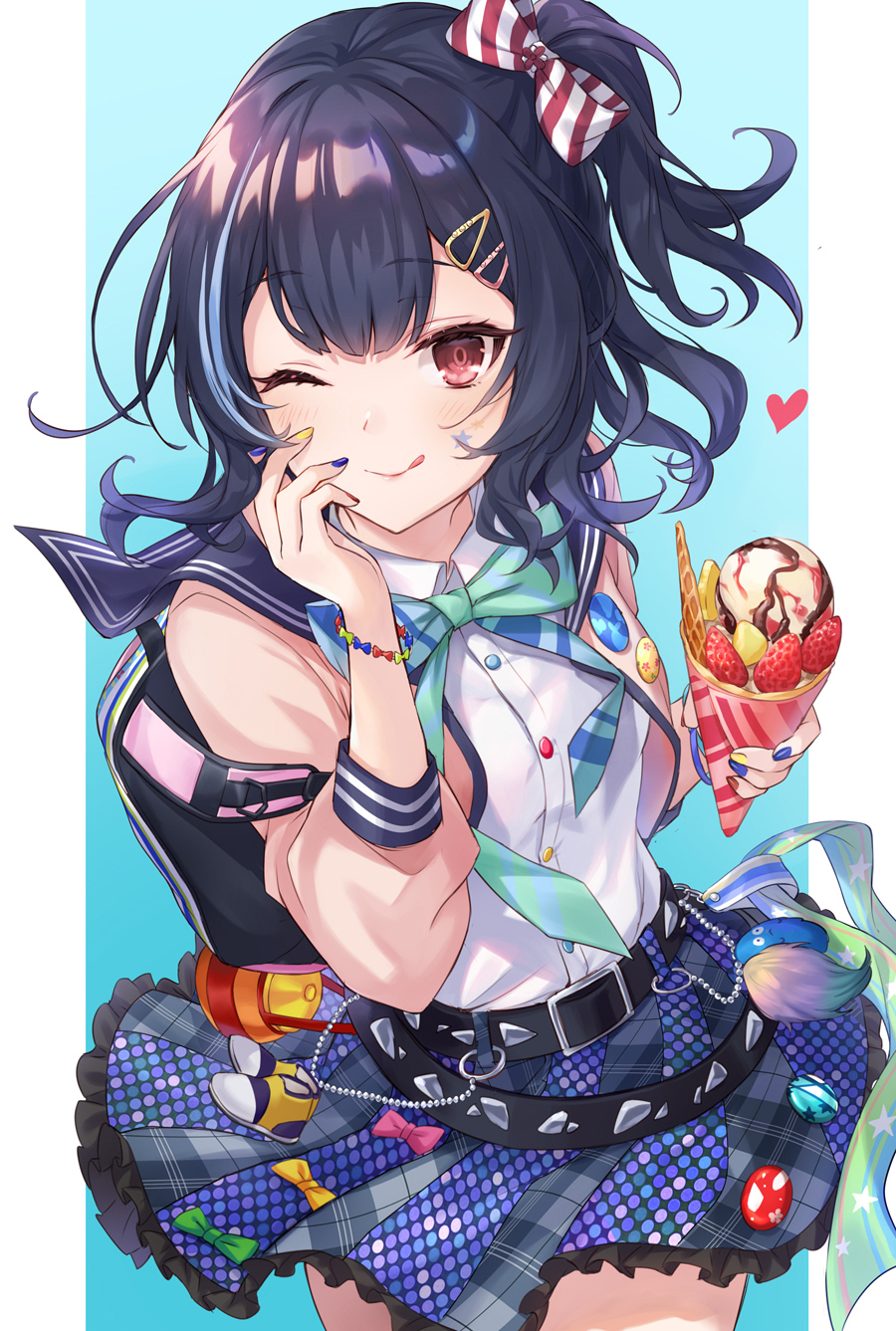 1girl ;q backpack bag bangs belt blue_background blue_skirt bracelet buttons commentary cowboy_shot eyebrows_visible_through_hair hair_ornament hair_ribbon hairclip highres idolmaster idolmaster_shiny_colors iku2727 jacket jewelry keychain morino_rinze multicolored multicolored_hair multicolored_nails multiple_belts nail_polish one_eye_closed open_clothes open_jacket parfait pillarboxed ponytail ribbon shirt short_hair short_ponytail simple_background skirt smile solo streaked_hair striped striped_neckwear striped_ribbon studded_belt tongue tongue_out white_shirt