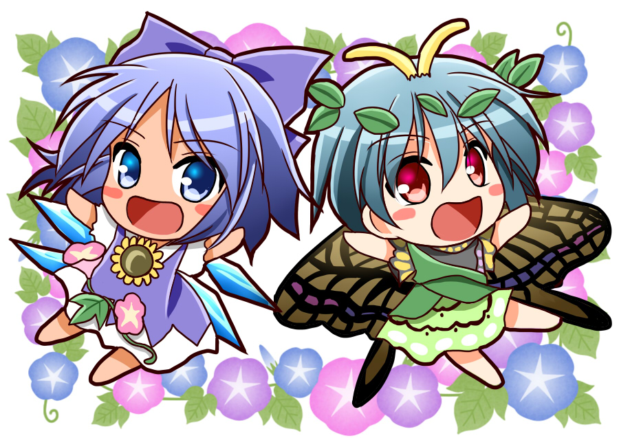 2girls antennae aqua_hair barefoot blue_bow blue_dress blue_eyes blue_flower blue_hair blush_stickers bow butterfly_wings chibi cirno dress eternity_larva eyebrows_visible_through_hair fairy flower full_body green_dress hair_between_eyes hair_bow ice ice_wings leaf leaf_on_head morning_glory multicolored_clothes multicolored_dress multiple_girls open_mouth pink_flower purple_flower red_eyes shirt short_hair single_strap smile sugiyama_ichirou sunflower tanned_cirno touhou white_shirt wings yellow_flower