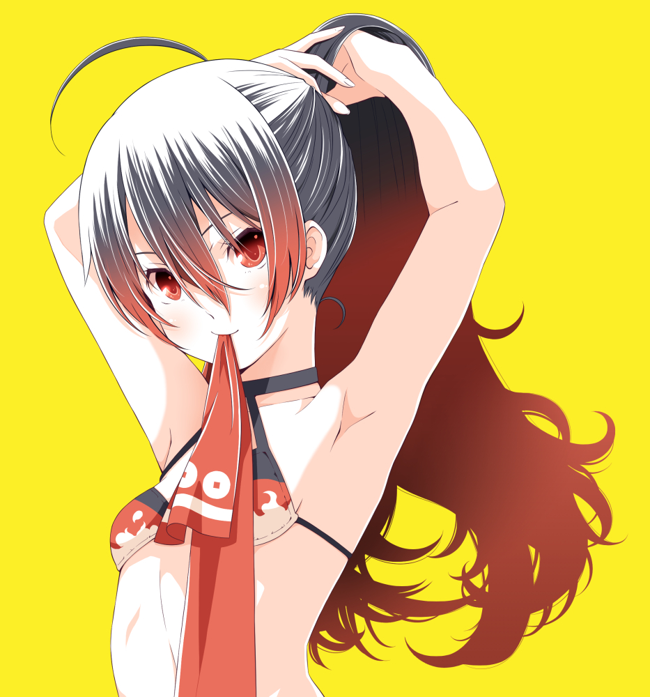 1girl ahoge armpits black_hair breasts gradient_hair hair_between_eyes long_hair looking_at_viewer mouth_hold multicolored_hair oshiro_project oshiro_project_re red_eyes redhead ribbon ribbon_in_mouth sanada_maru_(oshiro_project) simple_background small_breasts solo swimsuit tsukumo tying_hair upper_body yellow_background