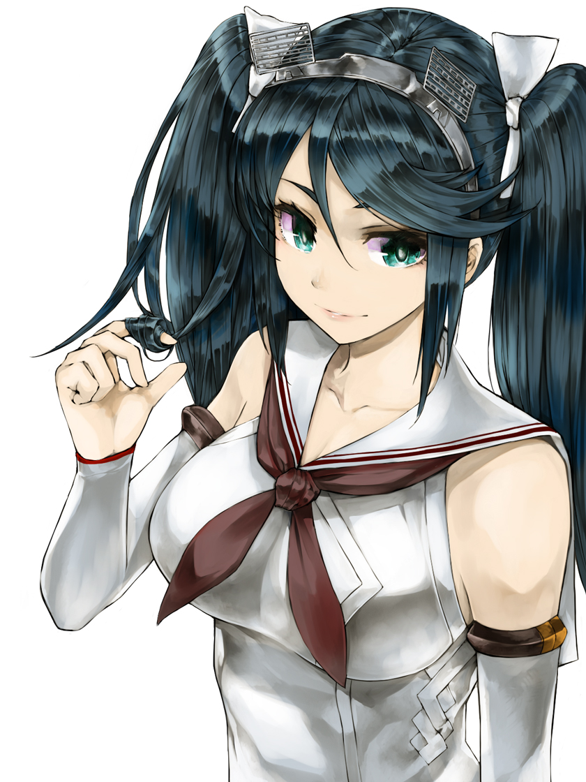 1girl bangs blue_eyes blue_hair breasts commentary detached_sleeves hair_between_eyes hair_ribbon hairband headgear isuzu_(kantai_collection) kantai_collection kurou_(bcrow) large_breasts long_hair playing_with_own_hair red_neckwear remodel_(kantai_collection) ribbon sailor_collar simple_background smile solo twintails upper_body white_background white_sailor_collar