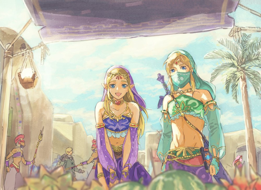 2boys 4girls alternate_costume blonde_hair blue_eyes blurry crossdressinging dark_skin depth_of_field detached_sleeves food fruit gerudo gerudo_link kubu lantern leaning_forward link master_sword multiple_boys multiple_girls navel otoko_no_ko palm_tree pointy_ears polearm princess_zelda redhead sheikah_slate smile spear stomach sword the_legend_of_zelda the_legend_of_zelda:_breath_of_the_wild town tree veil weapon weapon_on_back