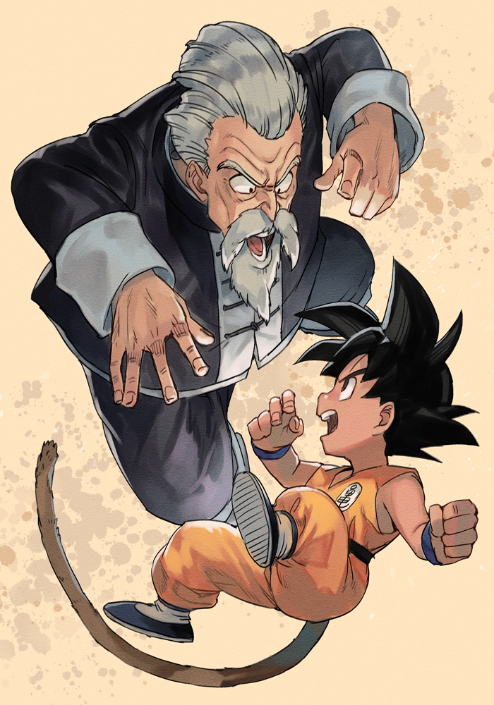 2boys arms_at_sides beard black_eyes black_footwear black_hair chinese_clothes clenched_hands clothes_writing dougi dragon_ball dragon_ball_(classic) facial_hair full_body hankuri jackie_chun long_sleeves male_focus monkey_tail multiple_boys mustache muten_roushi old_man open_mouth serious shirt simple_background son_gokuu spiky_hair tail teeth thick_eyebrows v-shaped_eyebrows white_hair wrinkles