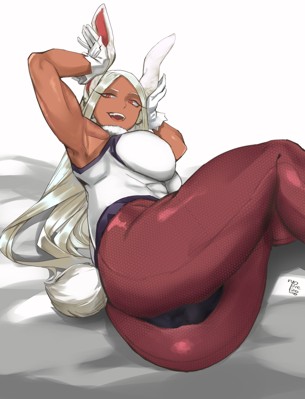 1girl :d animal_ears armpits ass boku_no_hero_academia breasts bunny_girl bunny_pose bunny_tail bunnysuit dark_skin fishnet_legwear fishnets gloves highres large_breasts leotard long_eyelashes long_hair looking_at_viewer lying mirko on_side open_mouth rabbit_ears rabbit_girl red_eyes ryopie signature smile superhero tail tail_through_clothes thick_thighs thighs white_gloves white_hair white_leotard