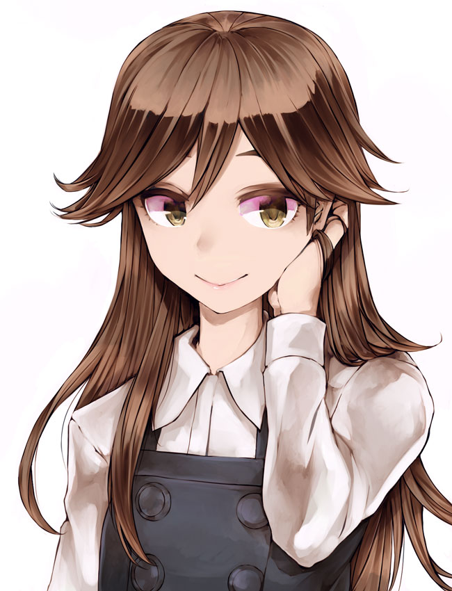 1girl arashio_(kantai_collection) bangs black_dress brown_eyes brown_hair buttons dress hand_in_hair kantai_collection kurou_(bcrow) lips long_hair long_sleeves pinafore_dress remodel_(kantai_collection) school_uniform shirt simple_background sleeveless sleeveless_dress smile solo upper_body white_background white_shirt