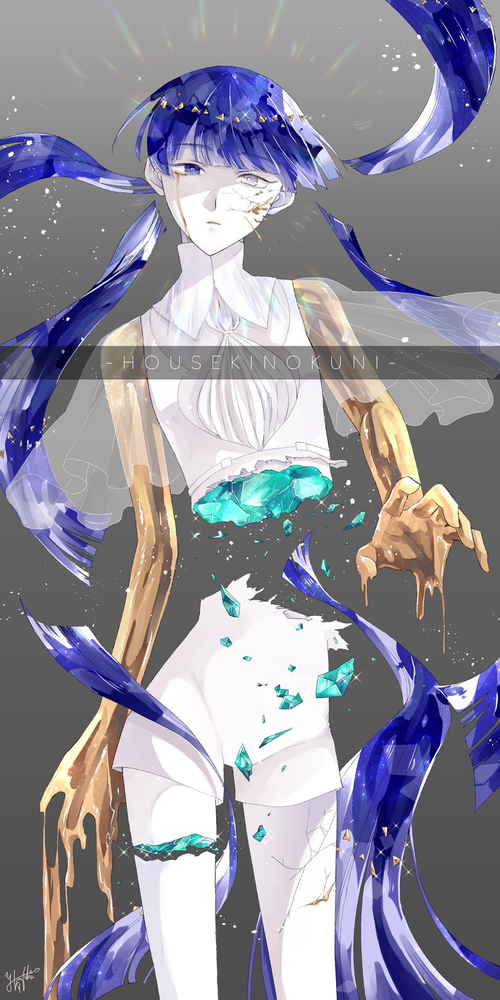 1other amputee androgynous artist_request bangs blue_hair broken colored_eyelashes crystal_hair double_amputee gem_uniform_(houseki_no_kuni) gold golden_arms grey_background hair_between_eyes highres houseki_no_kuni looking_at_viewer missing_limb open_mouth phosphophyllite phosphophyllite_(ll) severed_limb short_hair solo sparkle white_eyes