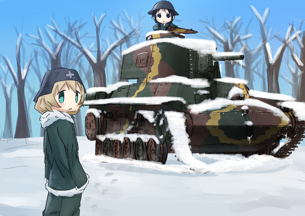 2girls black_hair blonde_hair blue_eyes blush caterpillar_tracks chito_(shoujo_shuumatsu_ryokou) clip_studio_paint_(medium) day footprints ground_vehicle hat kobato_mochi military military_hat military_uniform military_vehicle motor_vehicle multiple_girls shoujo_shuumatsu_ryokou sky snow tank tree type_97_chi-ha uniform yuuri_(shoujo_shuumatsu_ryokou)