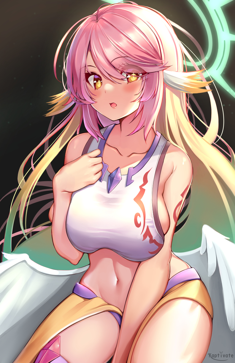 1girl :o artist_name blonde_hair blush breasts collarbone gradient_hair green_eyes halo highres jibril_(no_game_no_life) kaptivate large_breasts long_hair looking_at_viewer low_wings midriff multicolored_hair navel no_game_no_life pink_hair seiza sideboob sitting skindentation solo symbol-shaped_pupils tattoo thighs wing_ears wings yellow_eyes