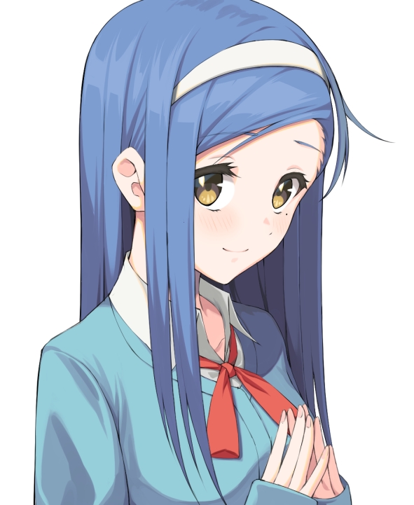 1girl aqua_cardigan atsuyah0310 blue_hair blush bokutachi_wa_benkyou_ga_dekinai cardigan closed_mouth collared_shirt commentary_request eyebrows_visible_through_hair eyelashes fingernails furuhashi_fumino hairband hands_together long_hair long_sleeves looking_to_the_side neck_ribbon orange_eyes red_ribbon ribbon shirt simple_background sleeves_past_wrists smile solo upper_body white_background white_hairband white_shirt