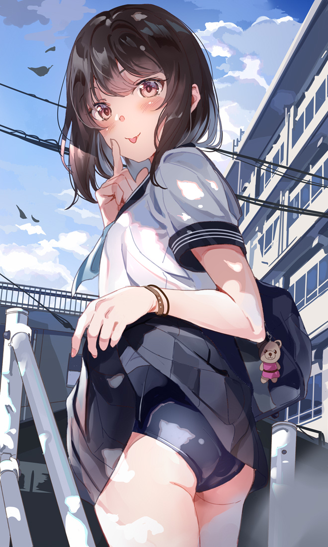 1girl ass bag bangs black_hair black_skirt blue_sky blush brown_eyes building charm_(object) clouds leaf looking_at_viewer looking_back medium_hair one-piece_swimsuit original outdoors pleated_skirt pointing pointing_up railing sailor_collar school_bag school_uniform serafuku shirt short_sleeves skirt skirt_lift sky solo swimsuit swimsuit_under_clothes tipii tongue tongue_out watch white_shirt wristband