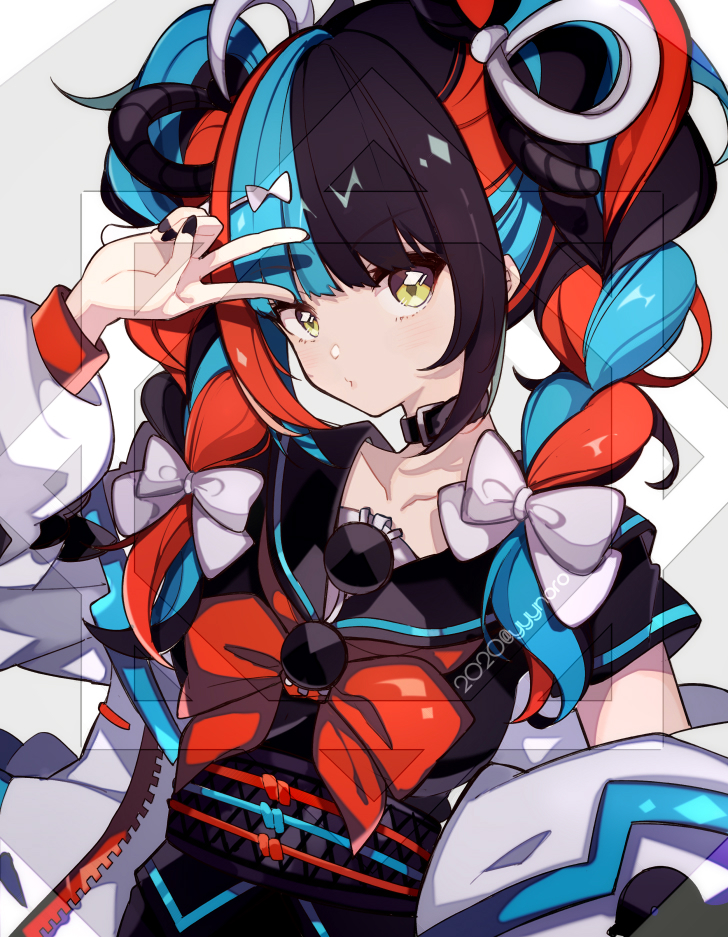 1girl 2020 black_hair black_nails blue_hair bow braid captain_yue collar fate/grand_order fate_(series) hair_bow long_hair looking_at_viewer multicolored_hair nail_polish neckerchief red_neckwear redhead sailor_collar school_uniform sei_shounagon_(fate) solo symbol_commentary twin_braids twitter_username upper_body v white_bow yellow_eyes