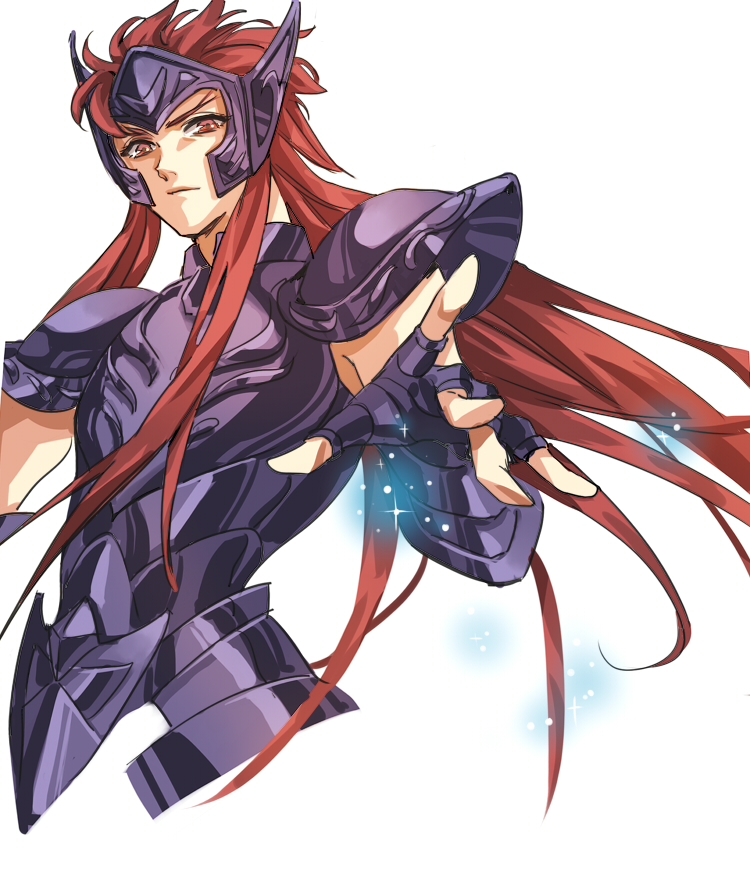 1boy aquarius_camus armor floating_hair highres light_skinned_male looking_at_viewer looking_down male mrmarchhare purple_armor red_hair saint_seiya simple_background solo_focus white_background