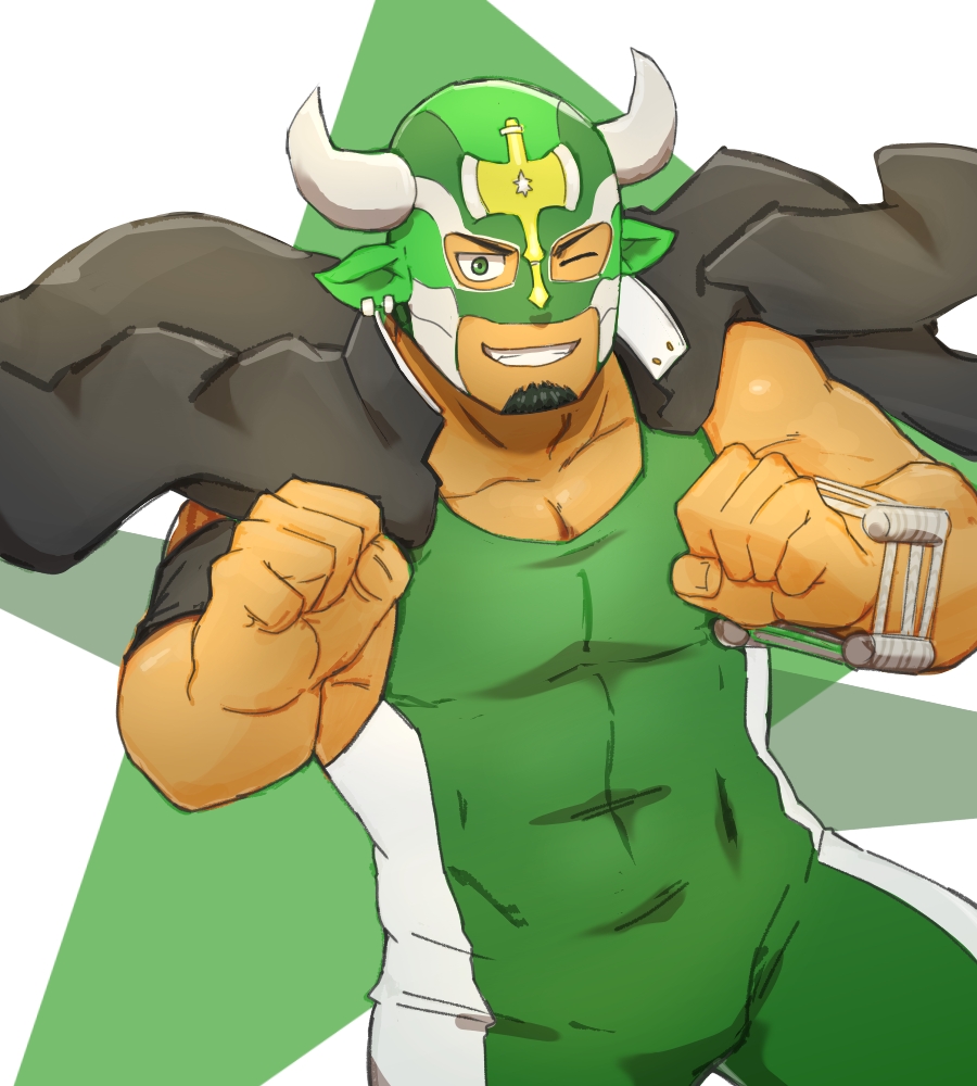 1boy bara bare_shoulders black_hair brown_hair chest facial_hair gakuran goatee green_eyes horned_mask jacket jacket_on_shoulders looking_at_viewer male_focus manly muscle pectorals school_uniform simple_background solo taurus_mask thighs tokyo_houkago_summoners upper_body wrestling_outfit yanutorie