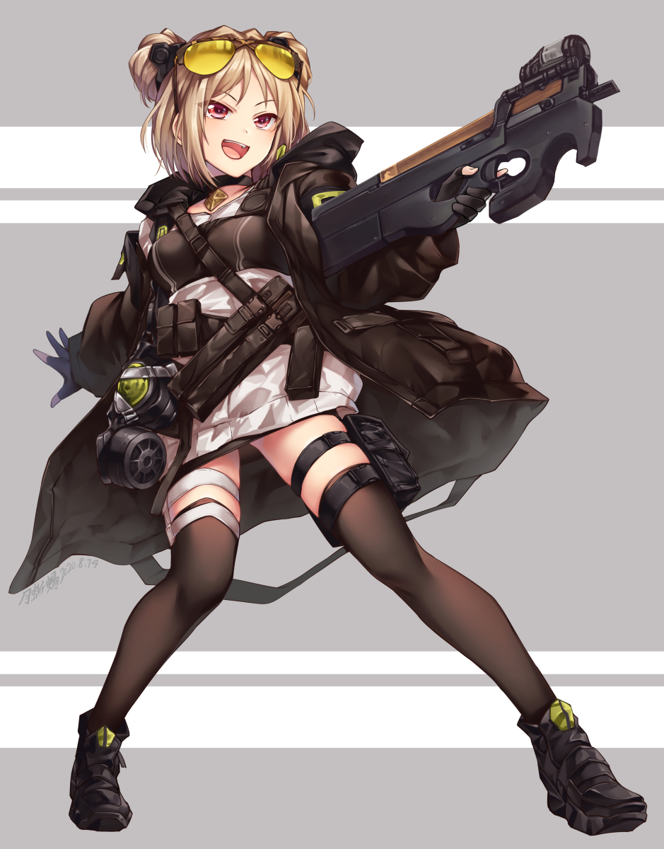 1girl black_coat black_footwear black_gloves black_legwear bullpup choker coat colored_lenses double_bun eyewear_on_head gas_mask girls_frontline gloves gun highres holding holding_gun holding_weapon hood hood_down hooded_coat light_brown_hair long_sleeves magazine_(weapon) open_clothes open_coat open_mouth p90 p90_(girls_frontline) partly_fingerless_gloves pouch red_eyes scope shoes short_hair smile solo submachine_gun sunglasses tactical_clothes thigh-highs thigh_pouch tinted_eyewear tsuki_tokage weapon yellow-tinted_eyewear