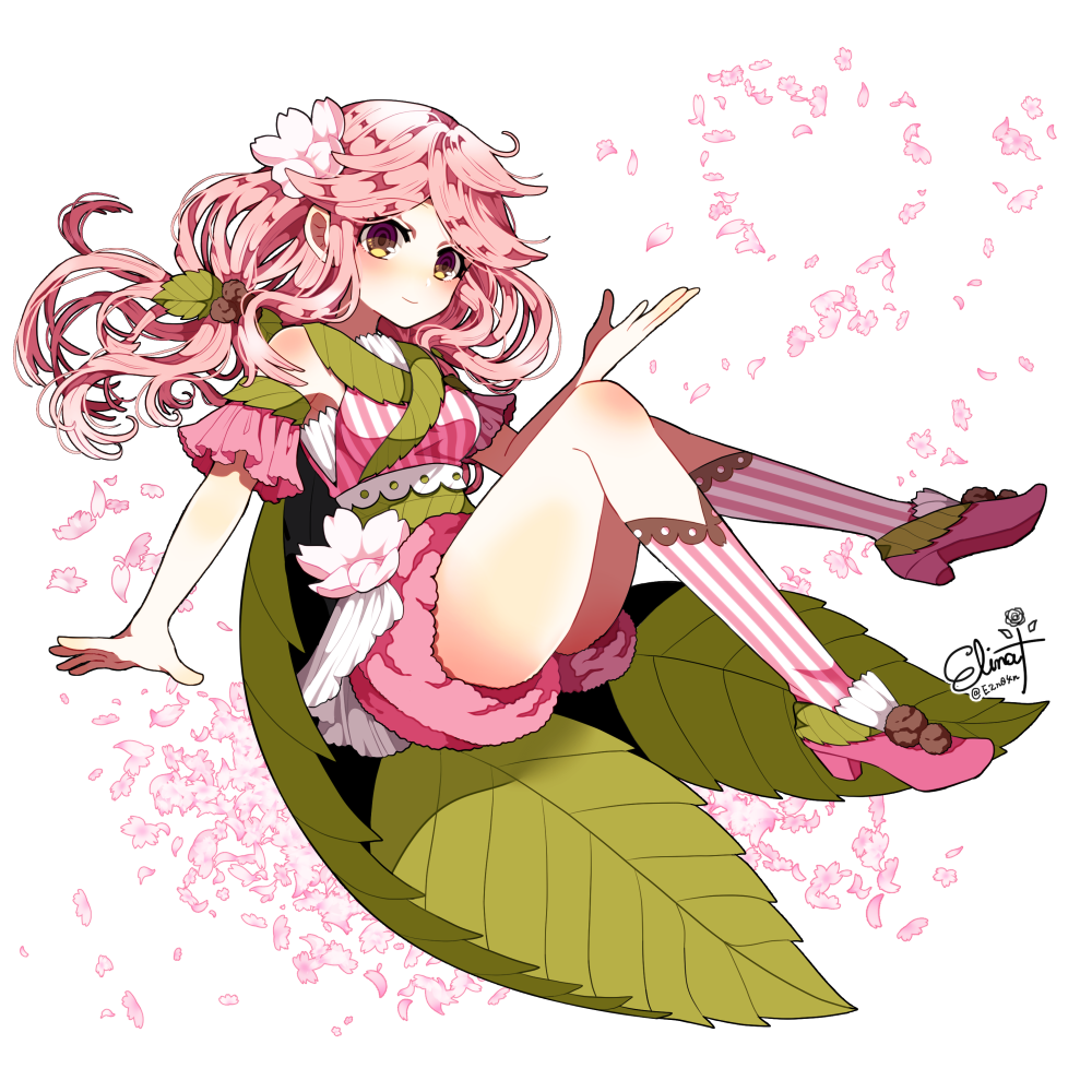 1girl artist_name bloomers closed_mouth commentary_request detached_sleeves eyebrows_visible_through_hair floating floating_hair flower food green_sash hair_flower hair_ornament high_heels knees_up leaf long_hair looking_at_viewer murasaki_daidai_etsuo original personification petals pink_footwear pink_hair sakura_mochi sash socks solo striped striped_legwear tied_hair twitter_username underwear wagashi white_background yellow_eyes